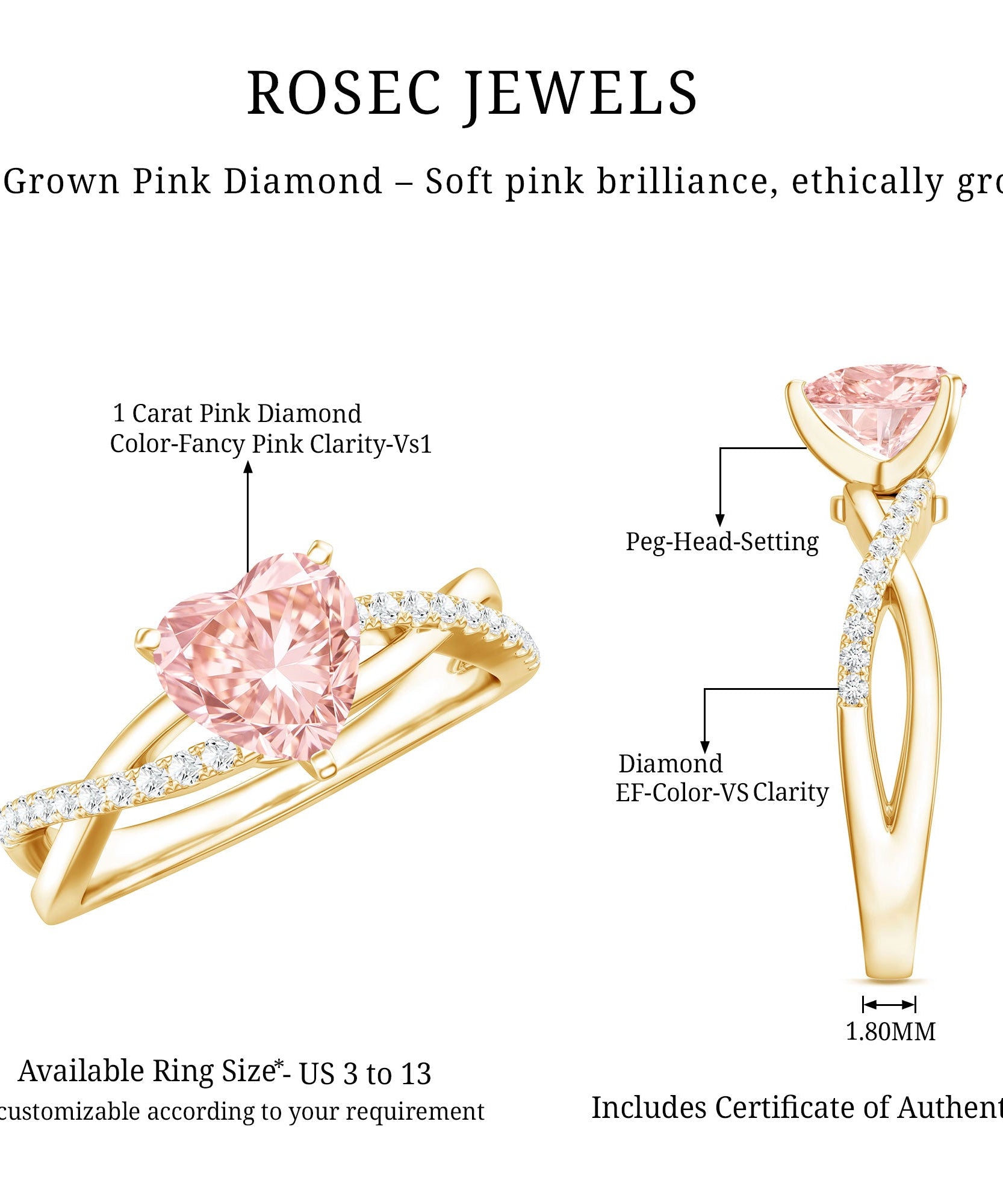 IGI Certified 1 CT Solitaire Lab Grown Pink Diamond Heart Engagement Ring
