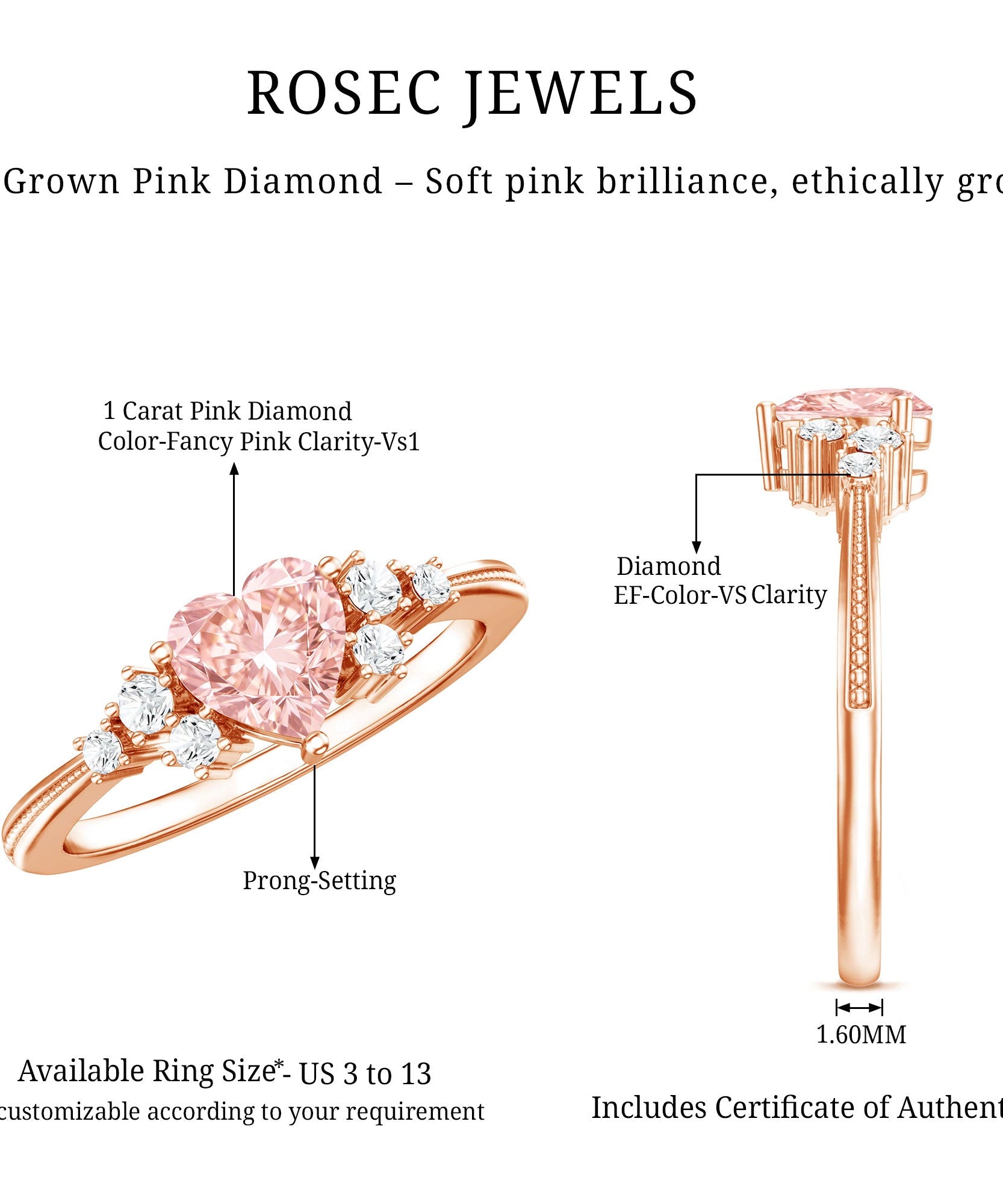 1 CT Lab Grown Pink and White Diamond Heart Engagement Ring IGI Certified