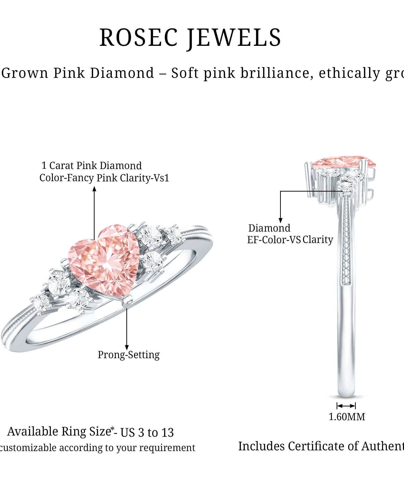 1 CT Lab Grown Pink and White Diamond Heart Engagement Ring IGI Certified