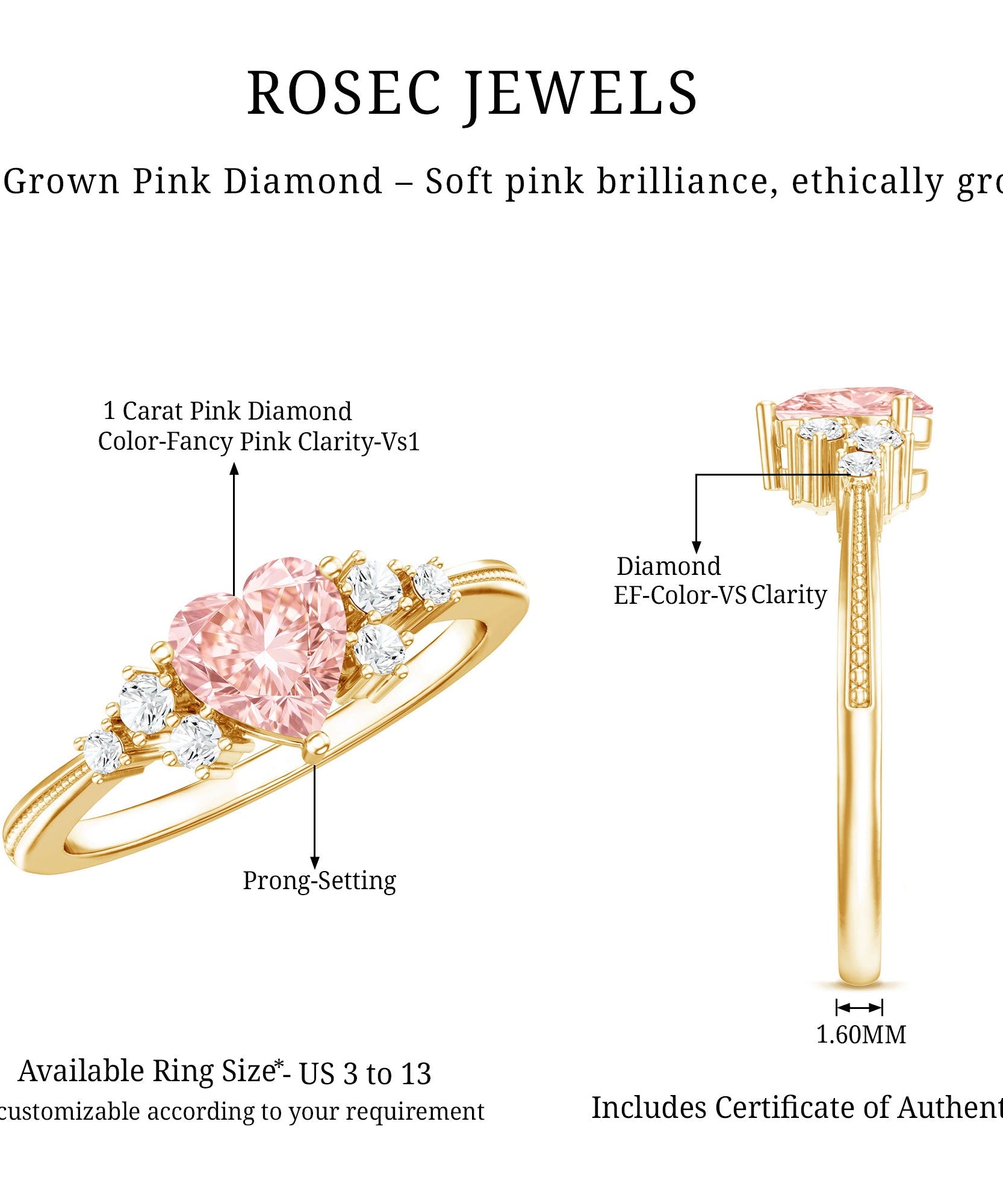 1 CT Lab Grown Pink and White Diamond Heart Engagement Ring IGI Certified