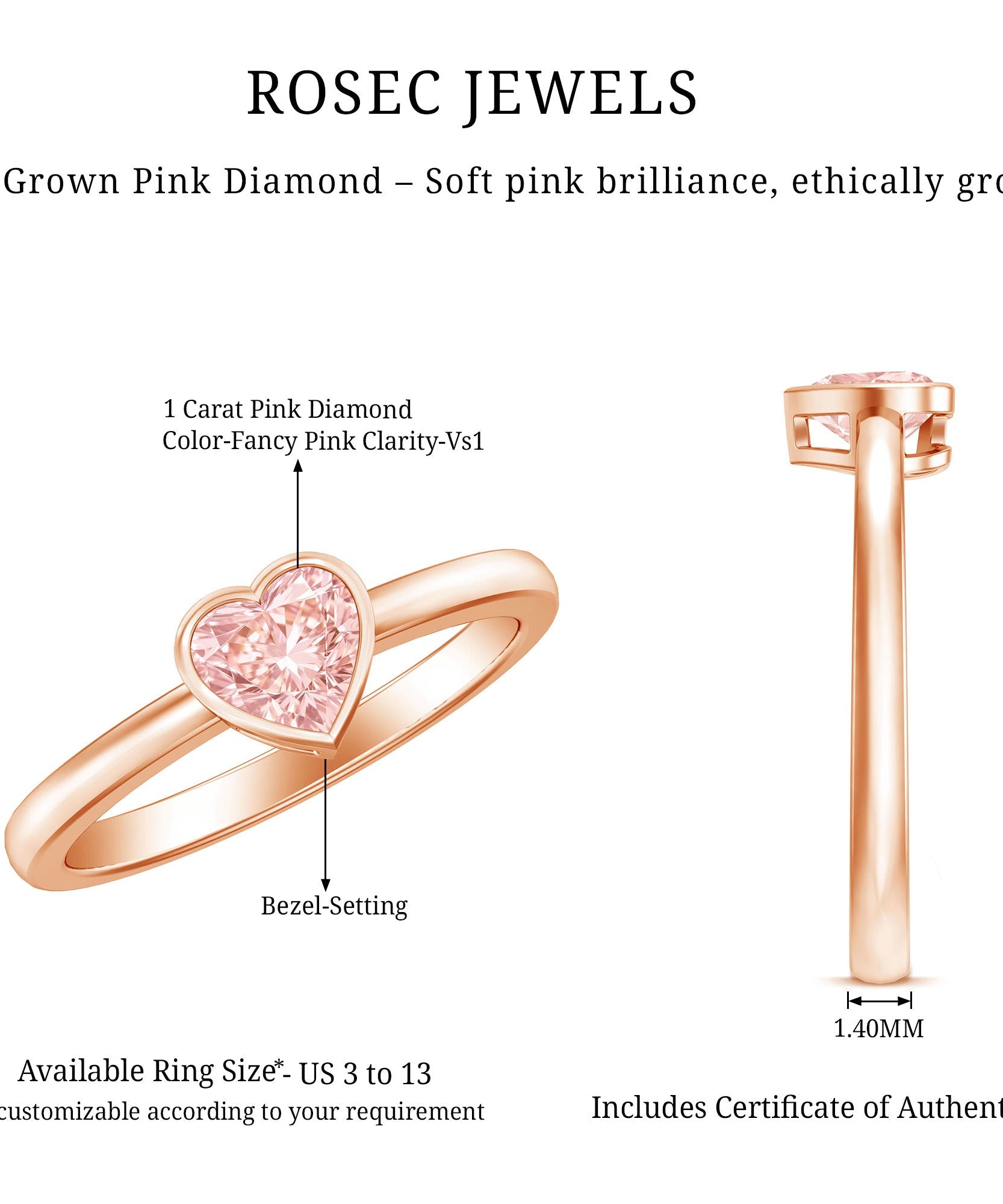 Bezel Set Lab Grown Pink Diamond Solitaire Promise Ring with IGI Certificate