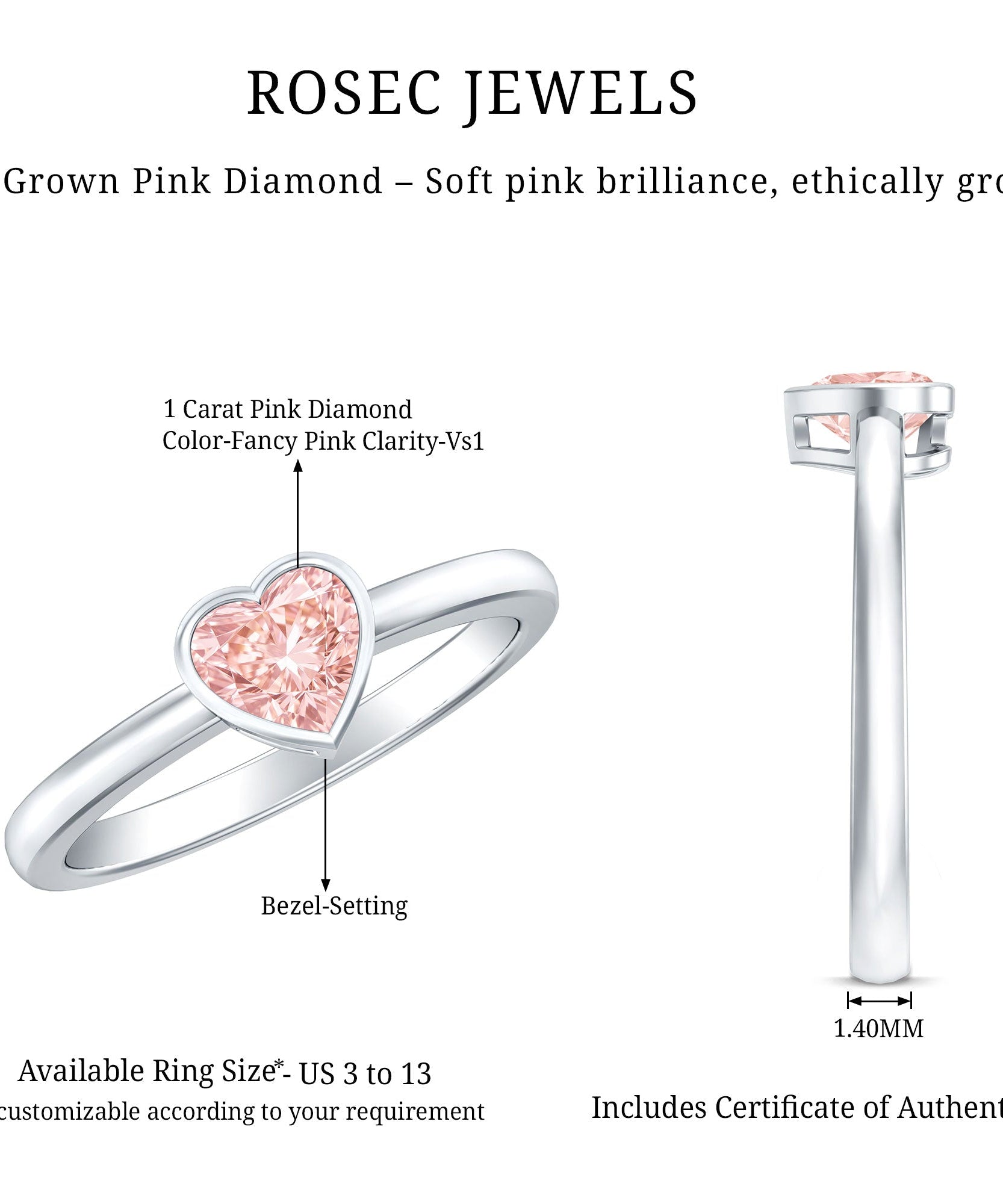 Bezel Set Lab Grown Pink Diamond Solitaire Promise Ring with IGI Certificate