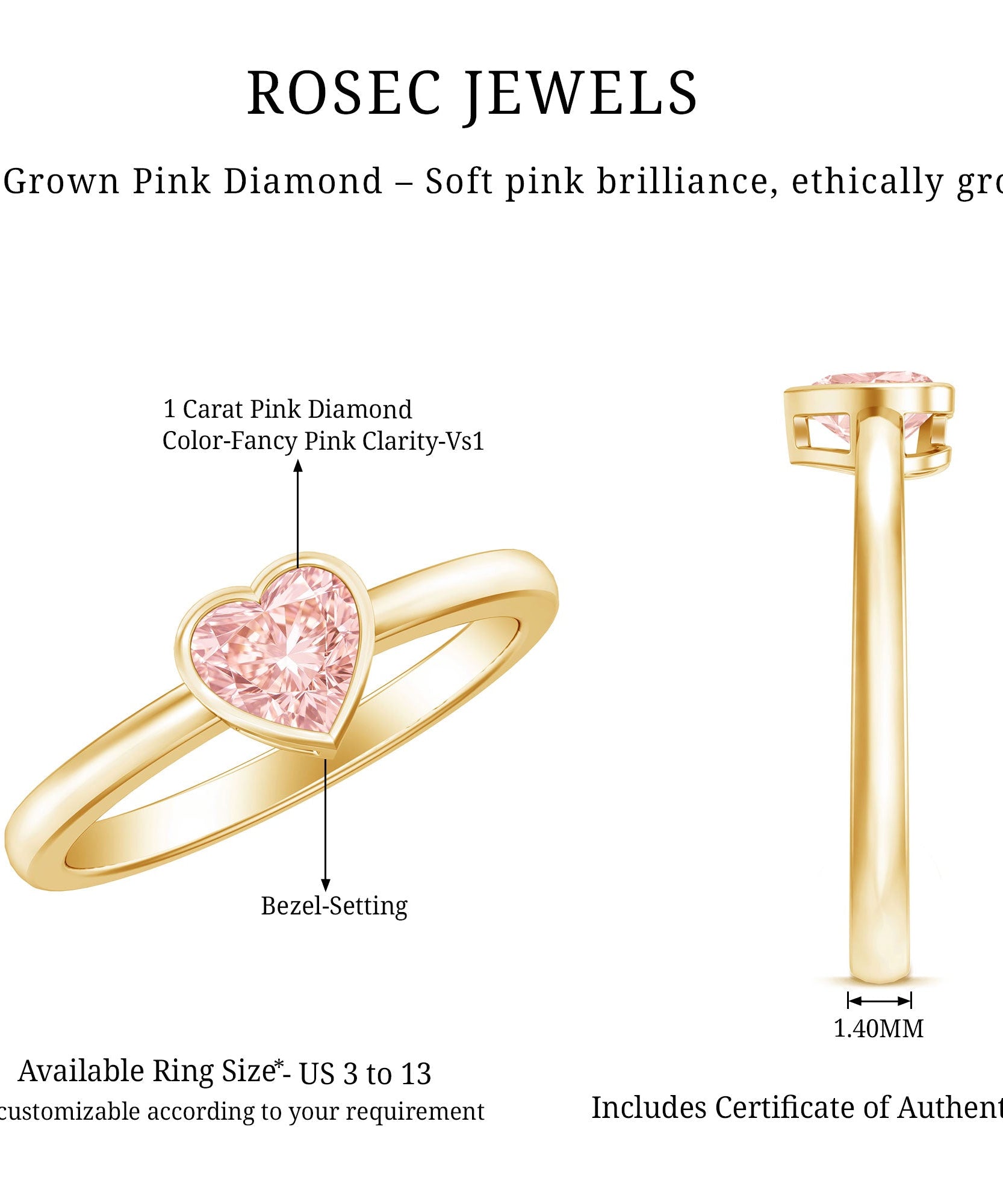 Bezel Set Lab Grown Pink Diamond Solitaire Promise Ring with IGI Certificate