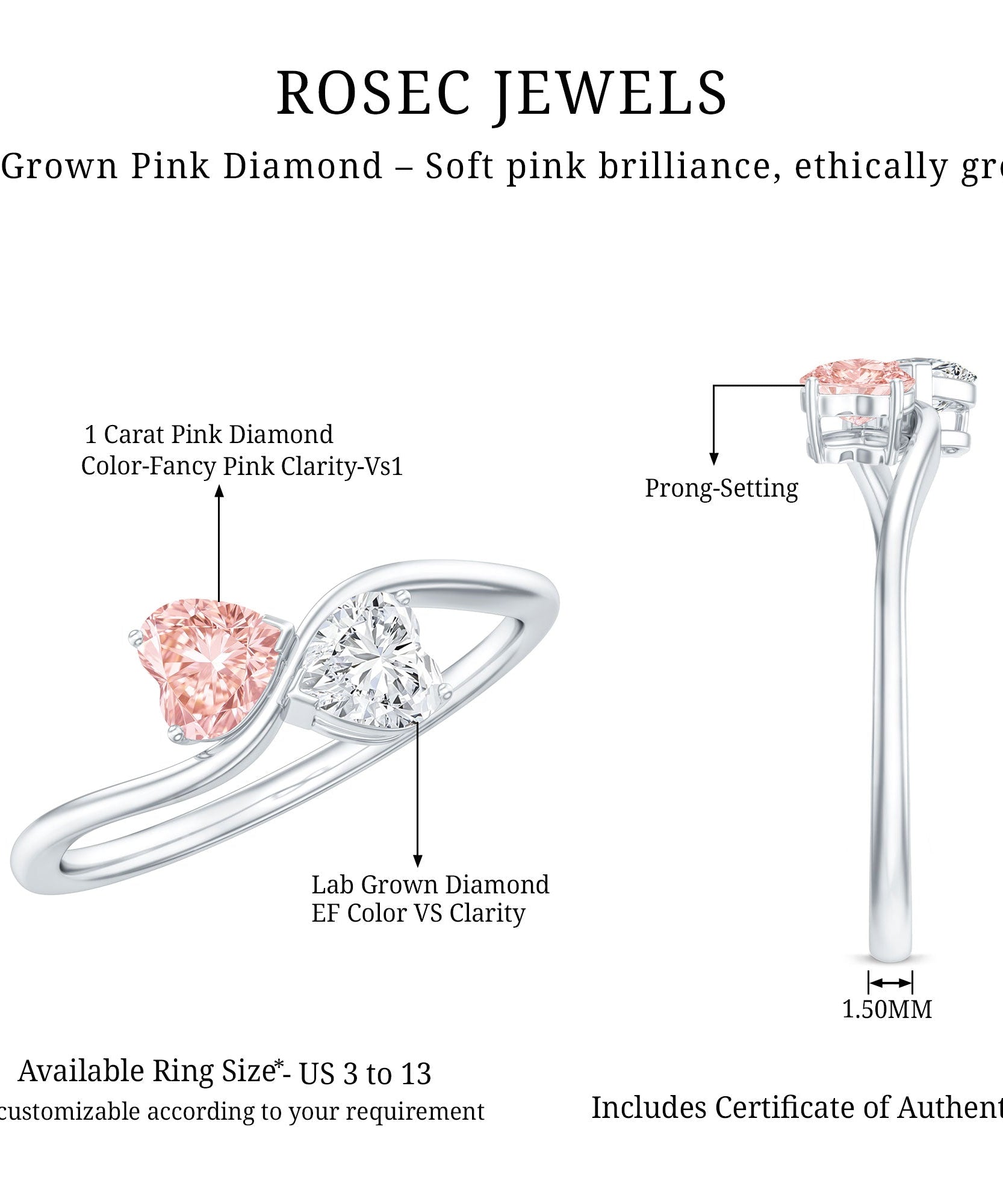 Lab Grown Pink and White Diamond Double Heart Promise Ring IGI Certified