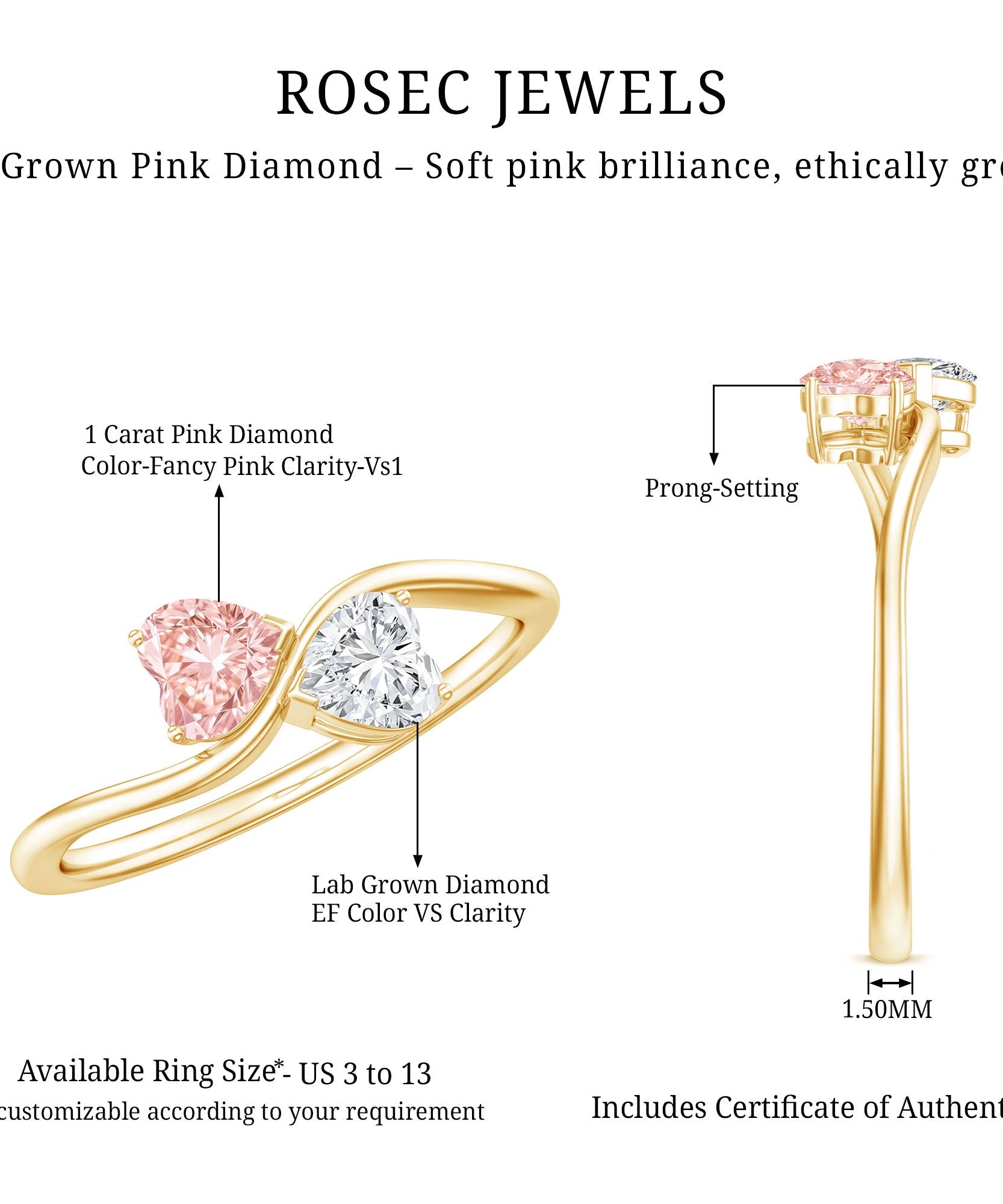 Lab Grown Pink and White Diamond Double Heart Promise Ring IGI Certified