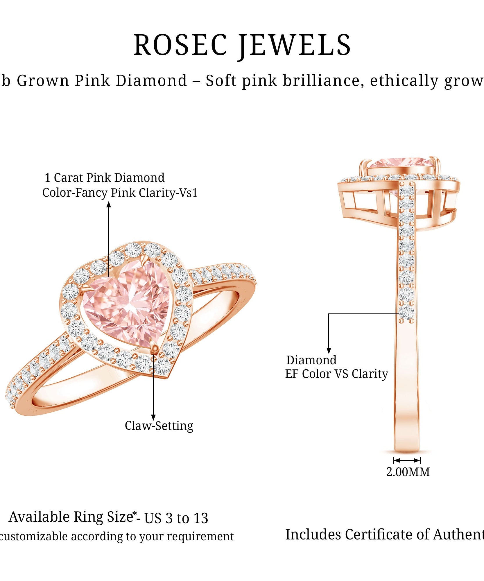 Heart Shape 1 CT Lab Grown Pink White Diamond Halo Engagement Ring IGI Certified