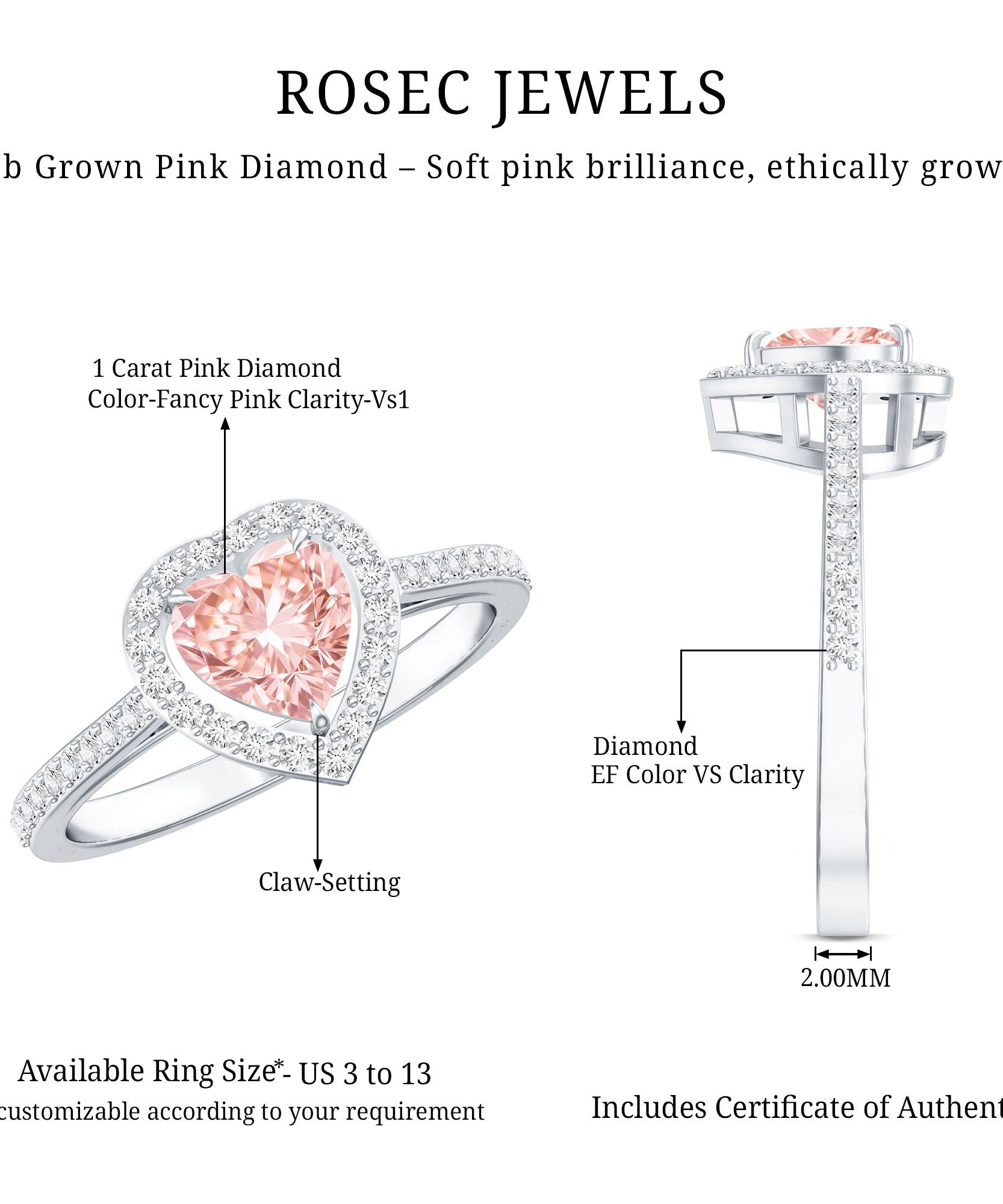 Heart Shape 1 CT Lab Grown Pink White Diamond Halo Engagement Ring IGI Certified