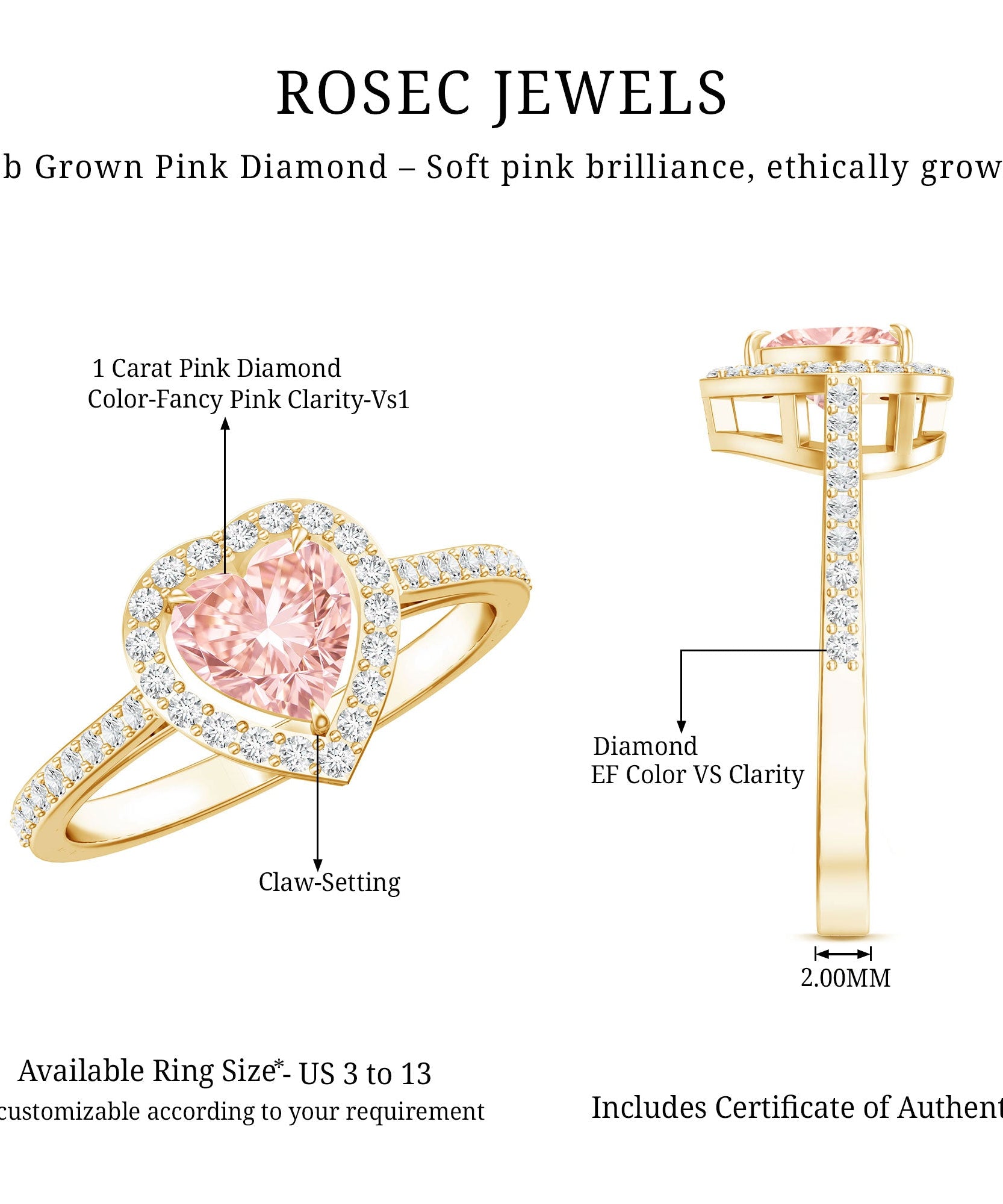 Heart Shape 1 CT Lab Grown Pink White Diamond Halo Engagement Ring IGI Certified