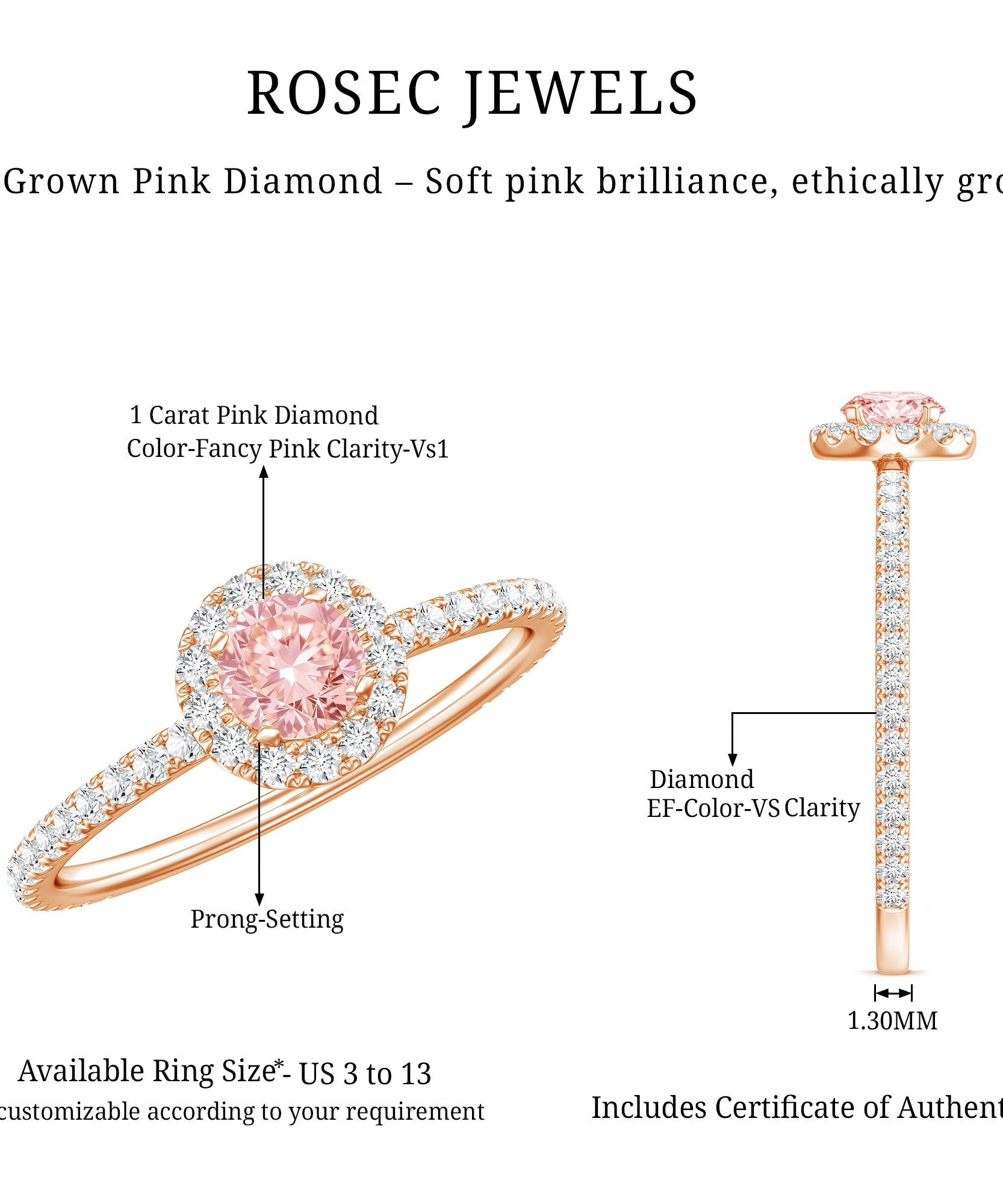 Lab Grown Pink White Diamond Halo Engagement Ring with IGI Certificate
