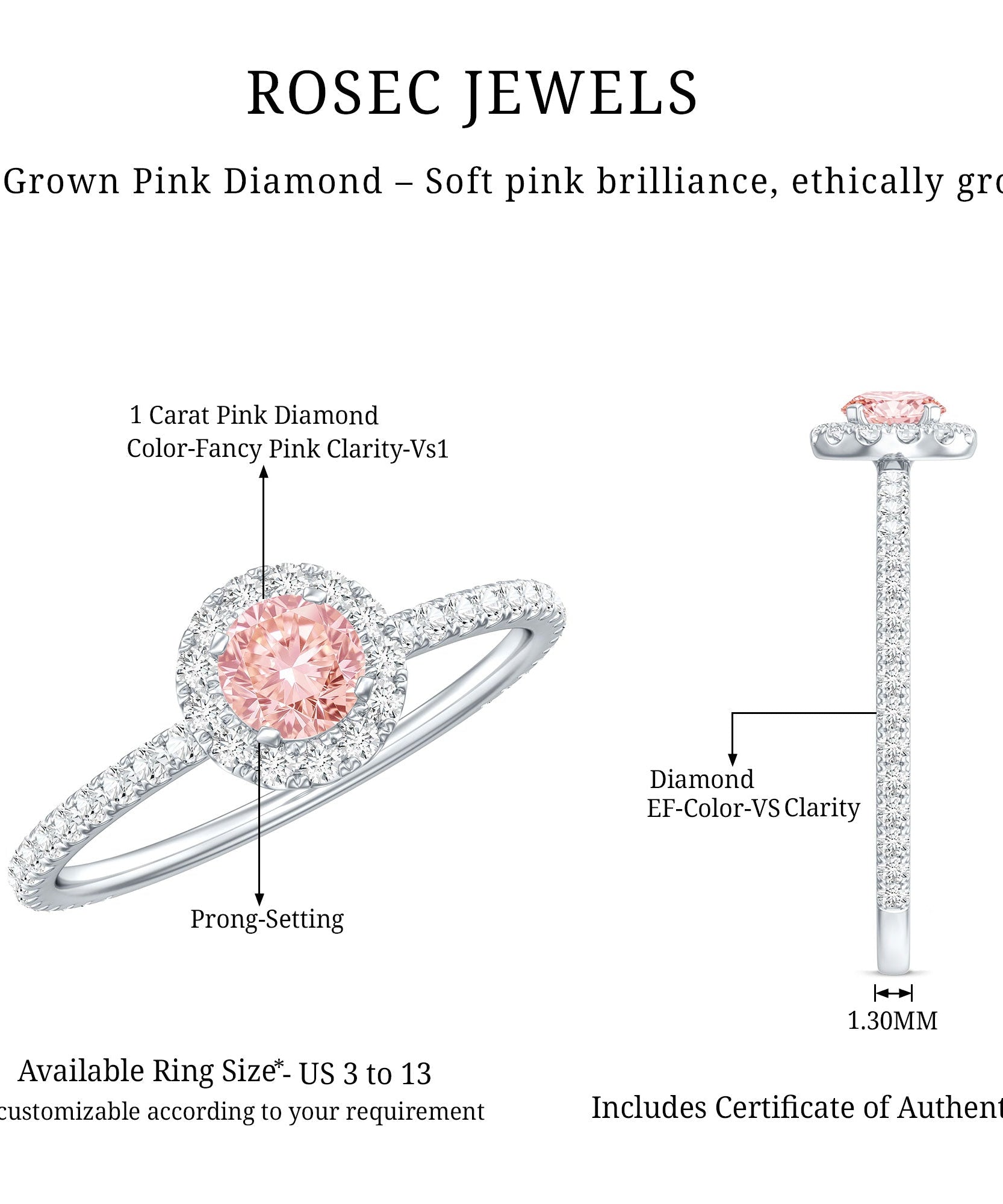 Lab Grown Pink White Diamond Halo Engagement Ring with IGI Certificate