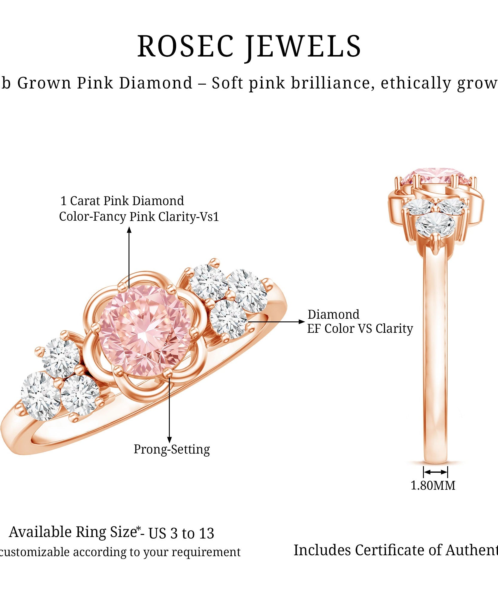 Nature Inspired Lab Grown Pink Diamond Flower Engagement Ring with IGI Certificate