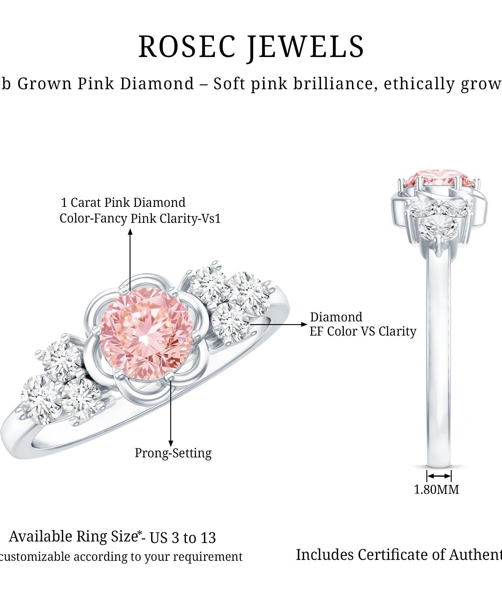Nature Inspired Lab Grown Pink Diamond Flower Engagement Ring with IGI Certificate