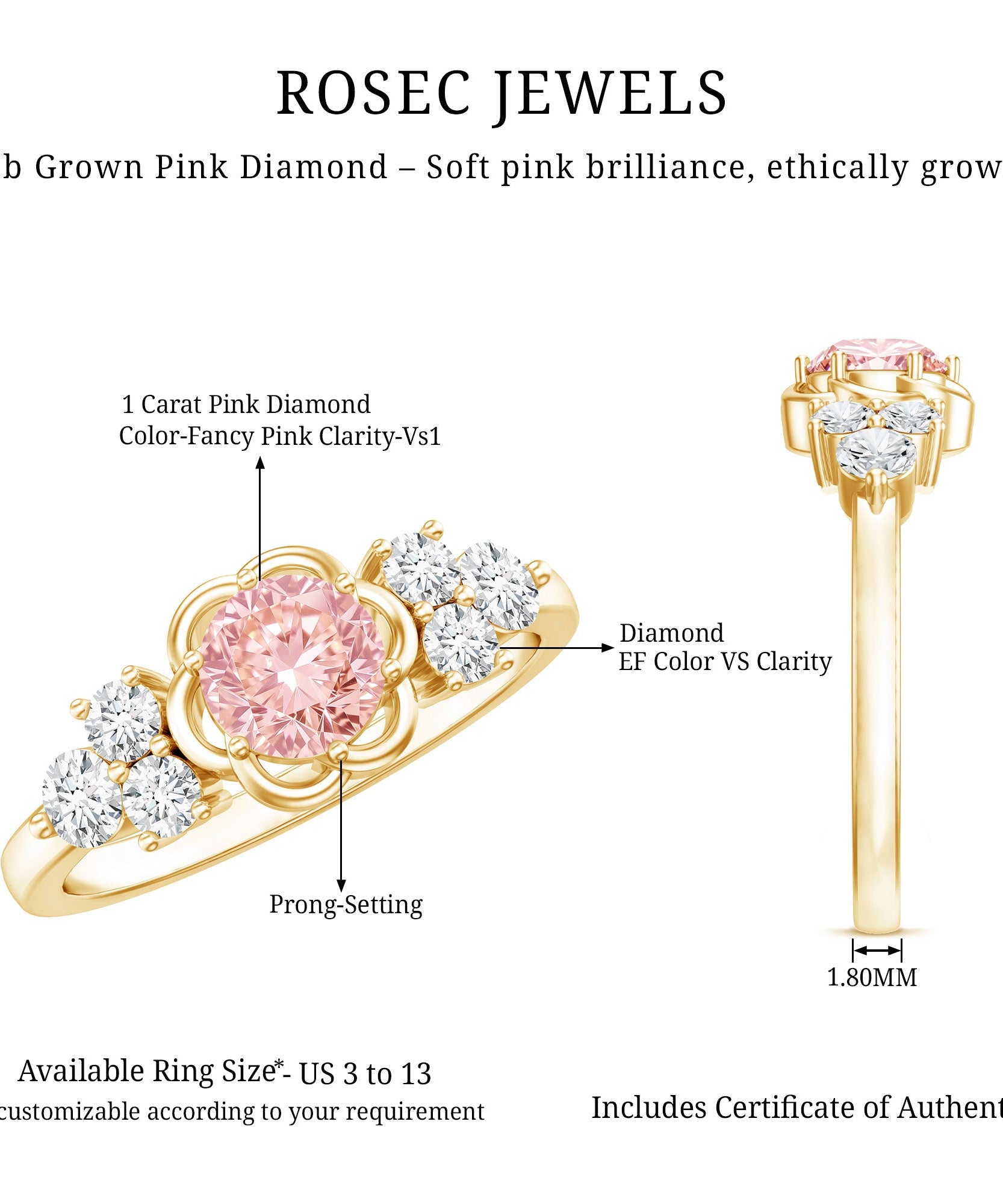 Nature Inspired Lab Grown Pink Diamond Flower Engagement Ring with IGI Certificate