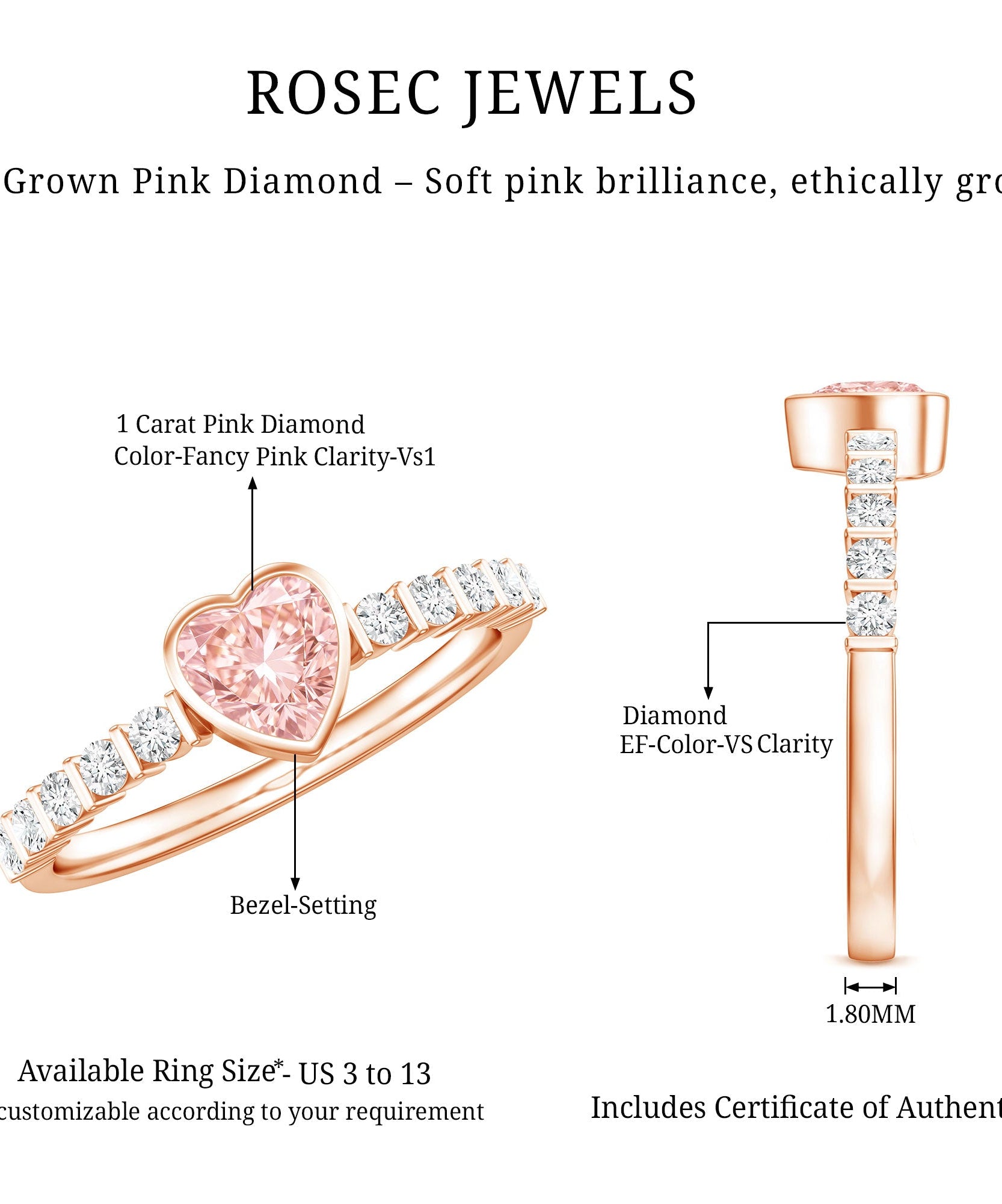 IGI Certified 1 CT Lab Grown Pink Diamond Heart Engagement Ring with Side Stones