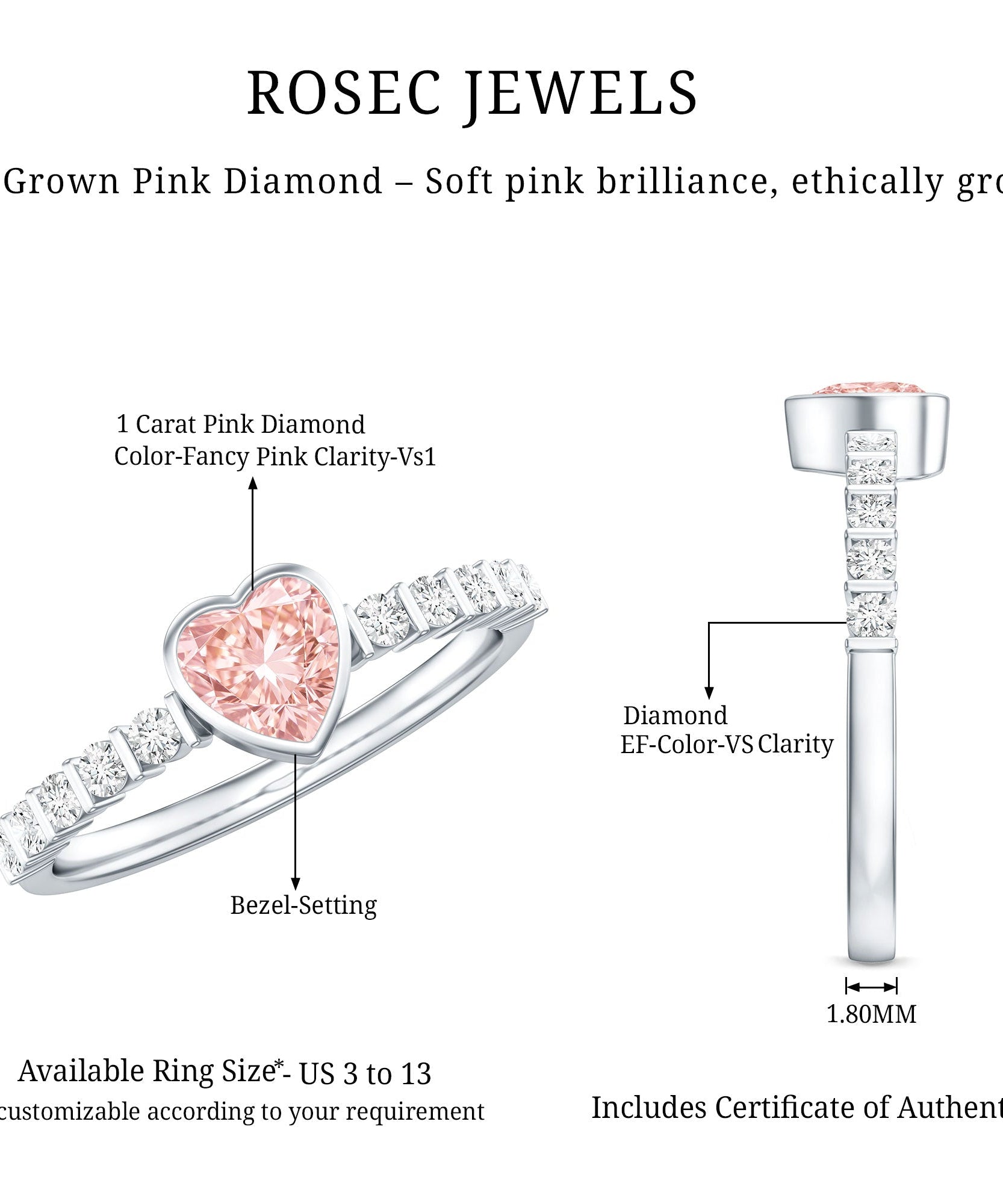 IGI Certified 1 CT Lab Grown Pink Diamond Heart Engagement Ring with Side Stones
