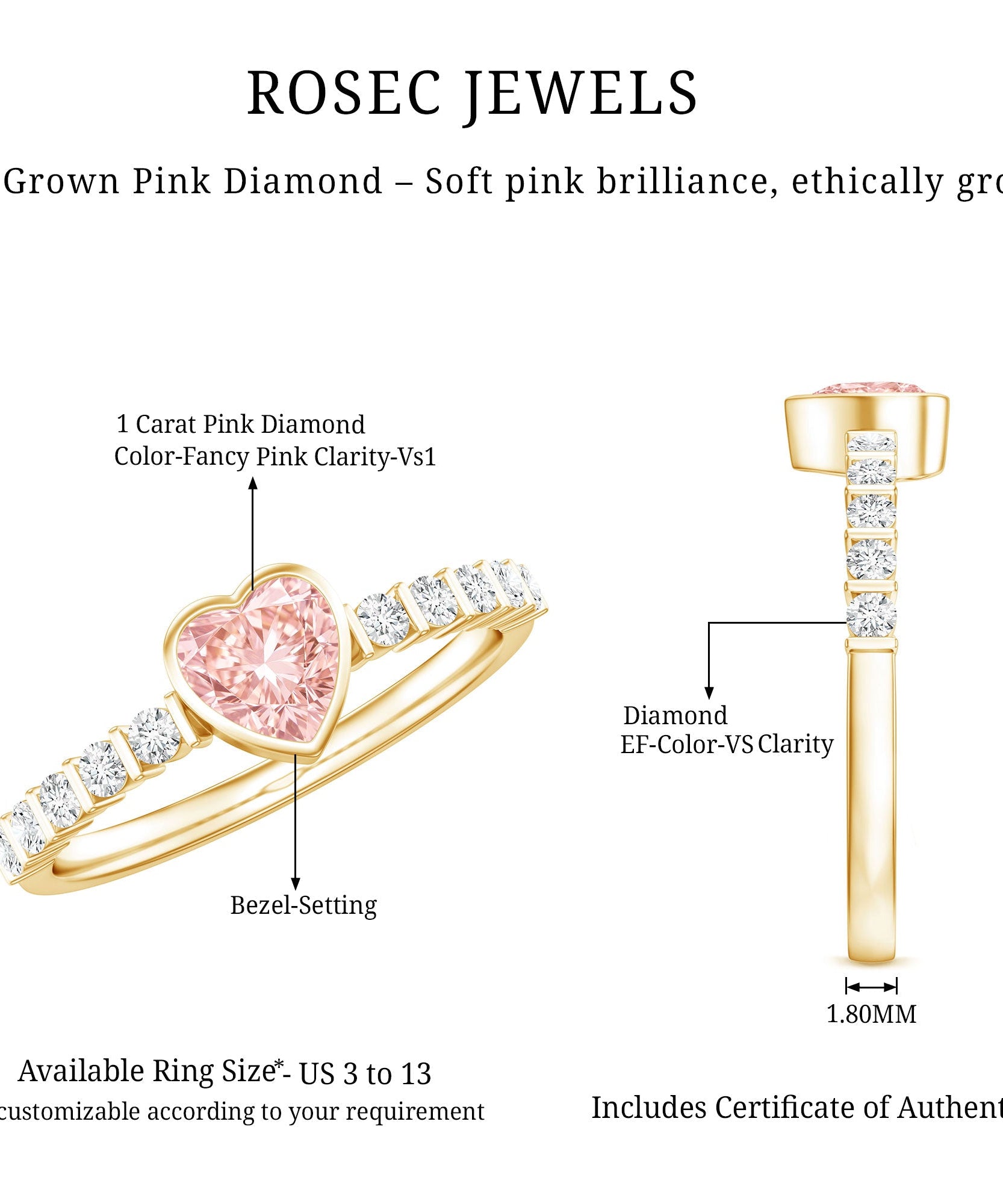 IGI Certified 1 CT Lab Grown Pink Diamond Heart Engagement Ring with Side Stones