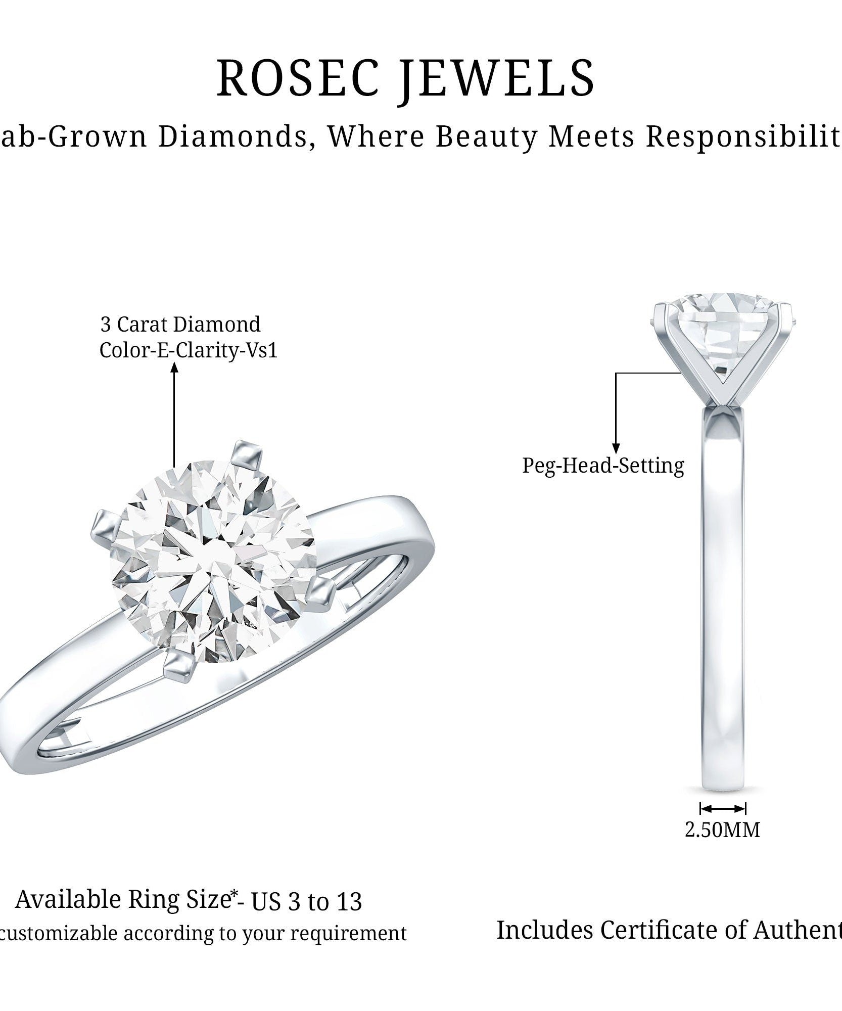 IGI Certified 3 CT Round Lab Grown Diamond Solitaire Engagement Ring
