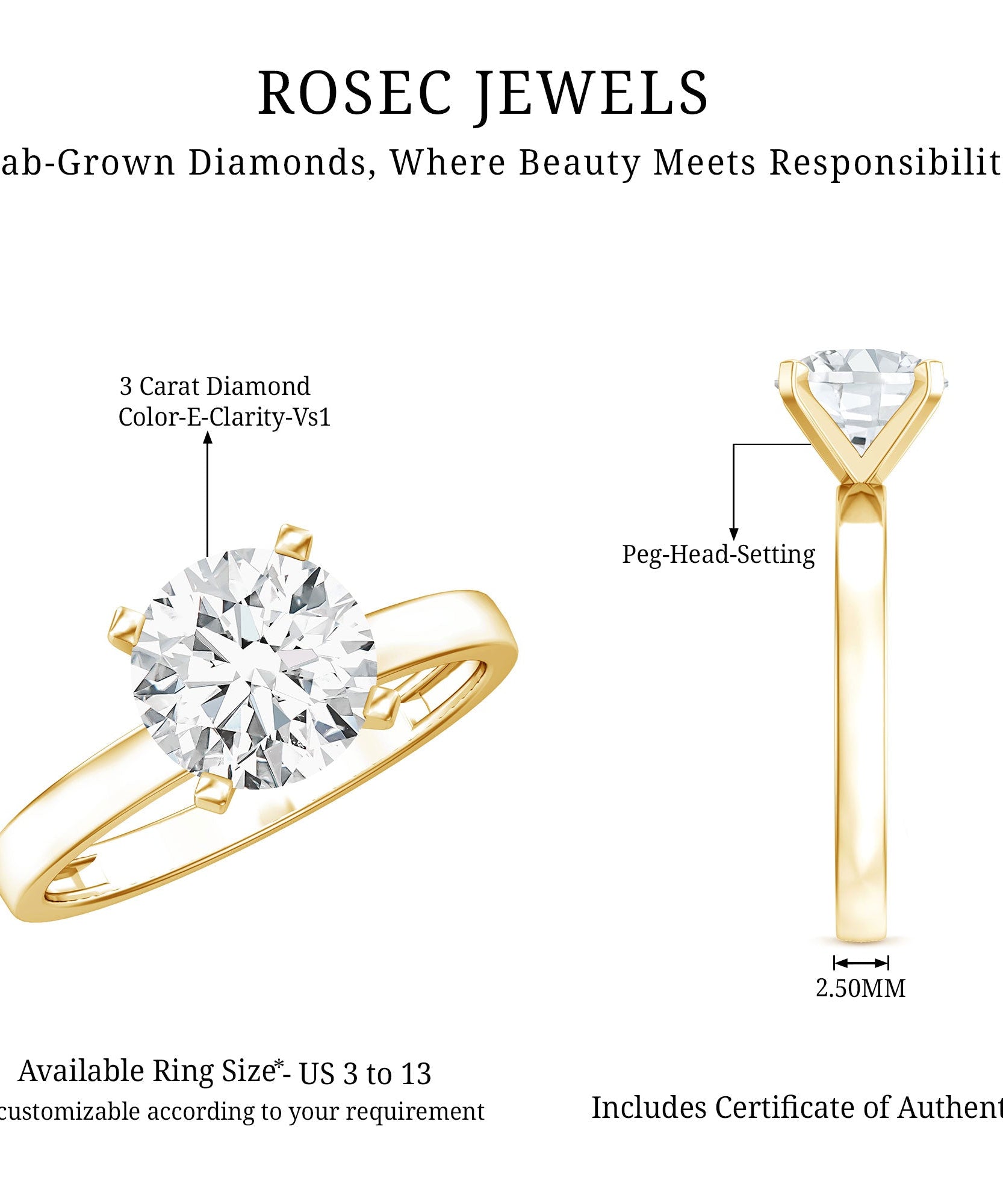 IGI Certified 3 CT Round Lab Grown Diamond Solitaire Engagement Ring