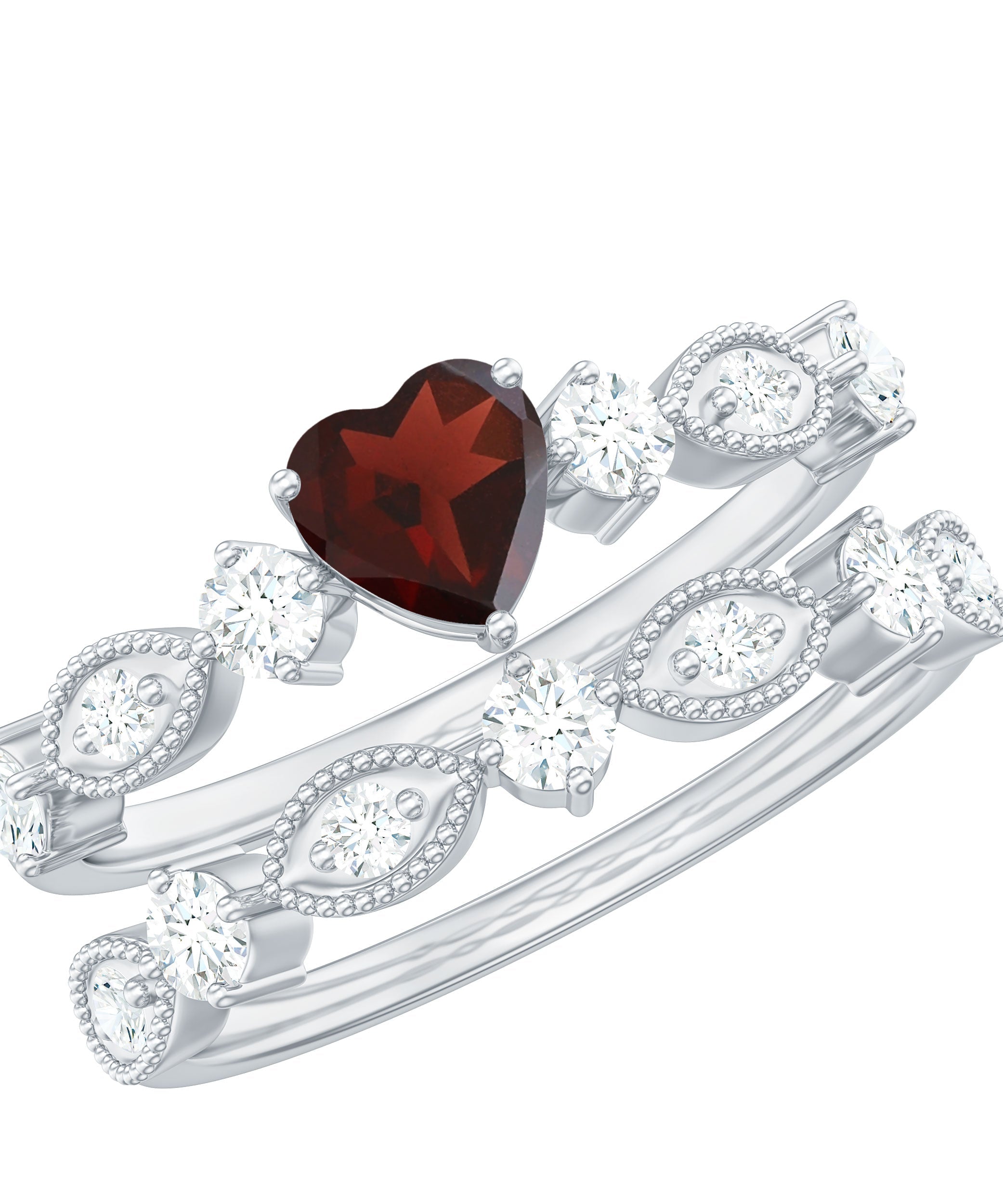 Natural Garnet Diamond Heart Engagement Ring with Wedding Band