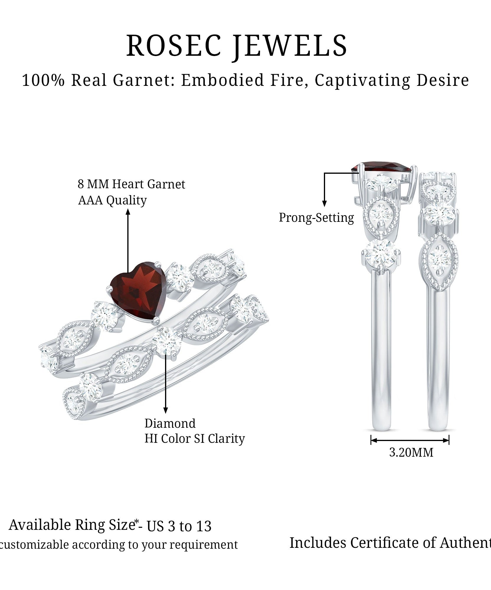 Natural Garnet Diamond Heart Engagement Ring with Wedding Band