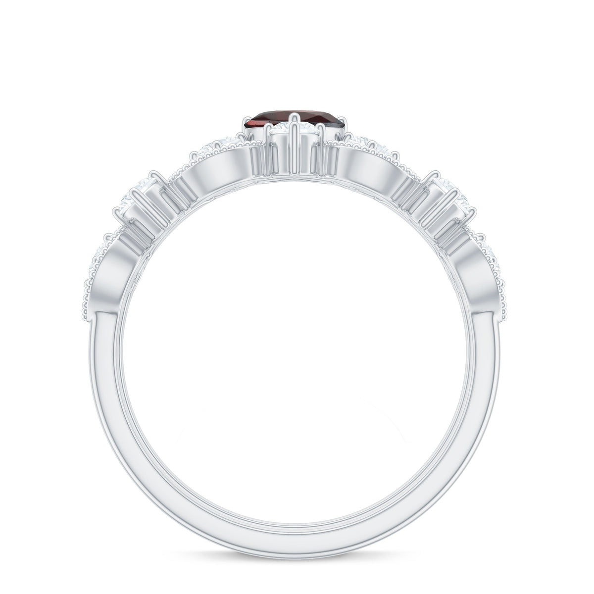 Natural Garnet Diamond Heart Engagement Ring with Wedding Band