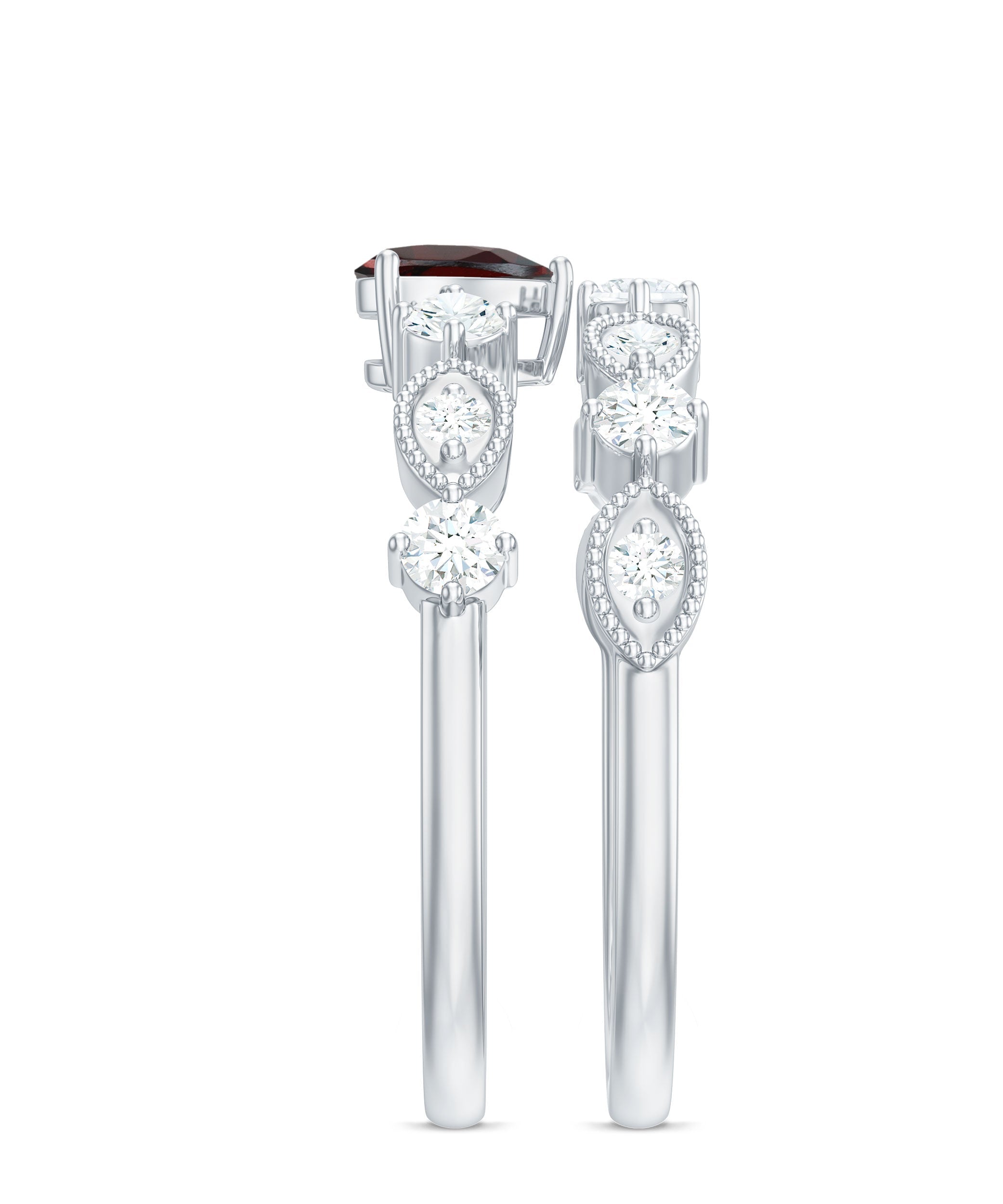 Natural Garnet Diamond Heart Engagement Ring with Wedding Band