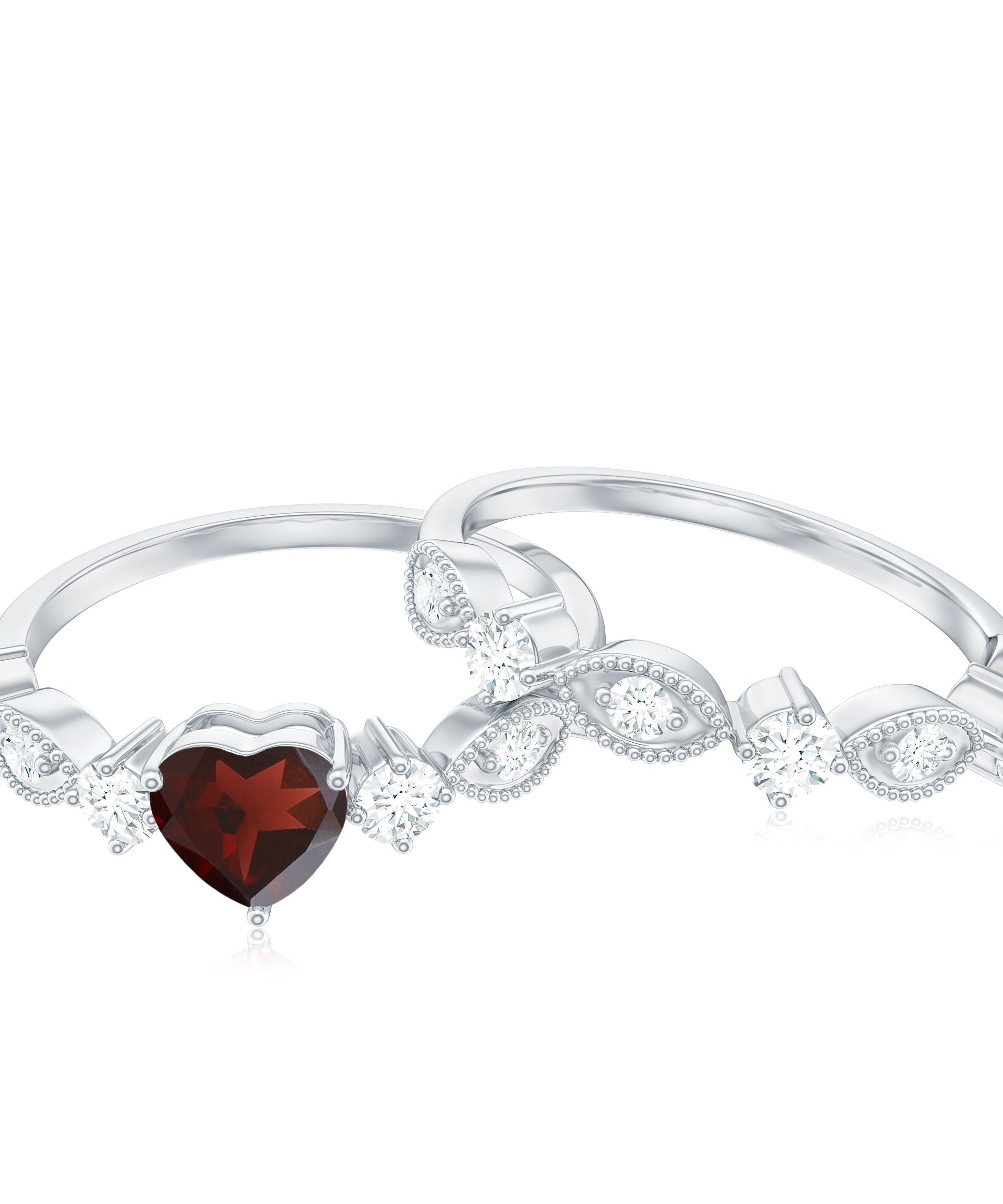 Natural Garnet Diamond Heart Engagement Ring with Wedding Band