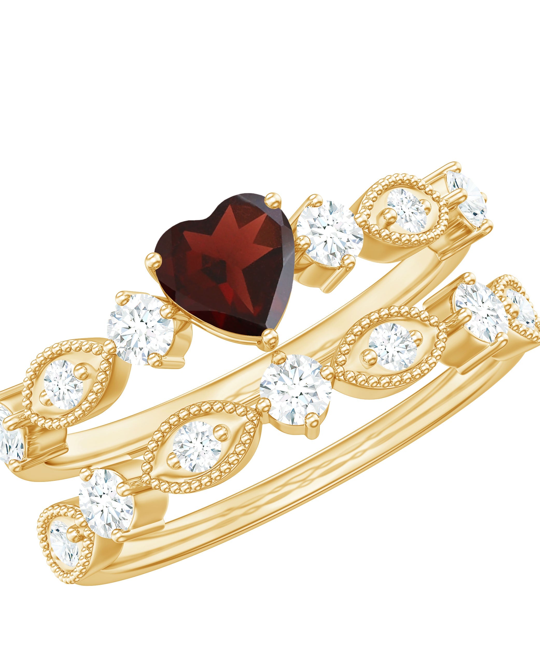 Natural Garnet Diamond Heart Engagement Ring with Wedding Band