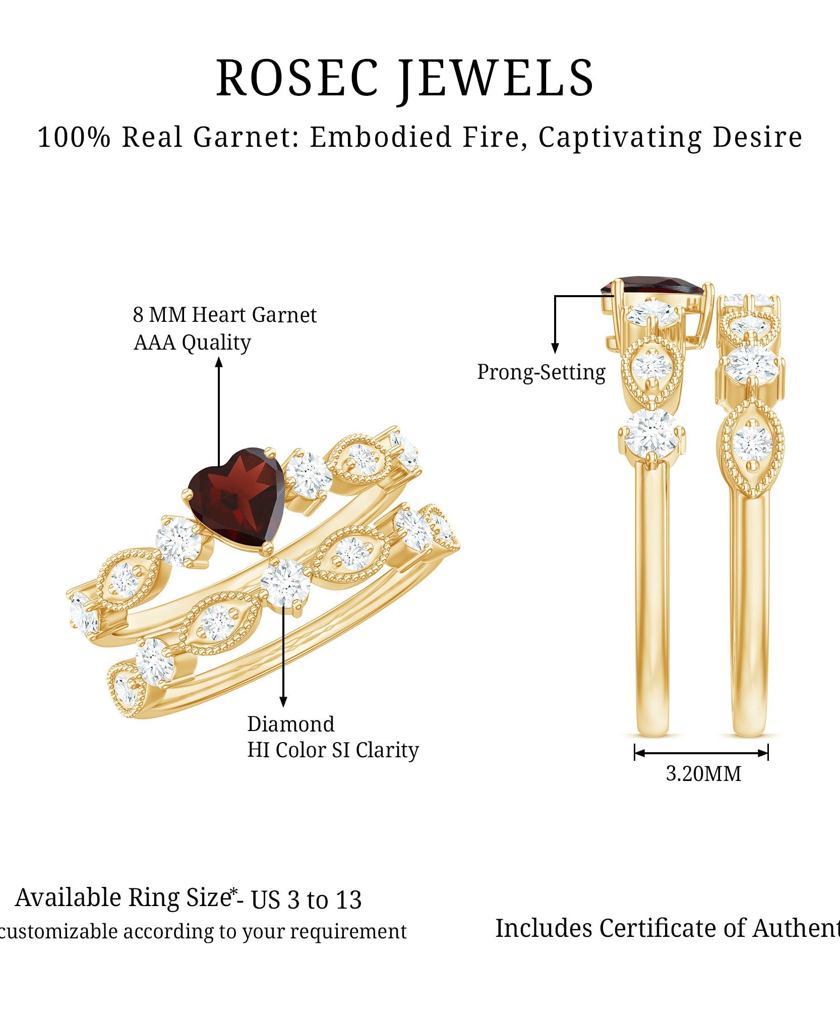 Natural Garnet Diamond Heart Engagement Ring with Wedding Band