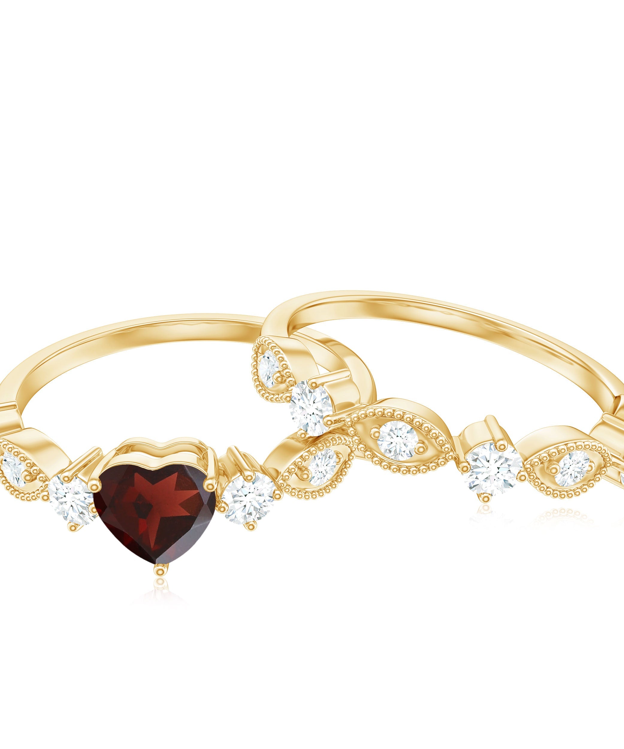 Natural Garnet Diamond Heart Engagement Ring with Wedding Band
