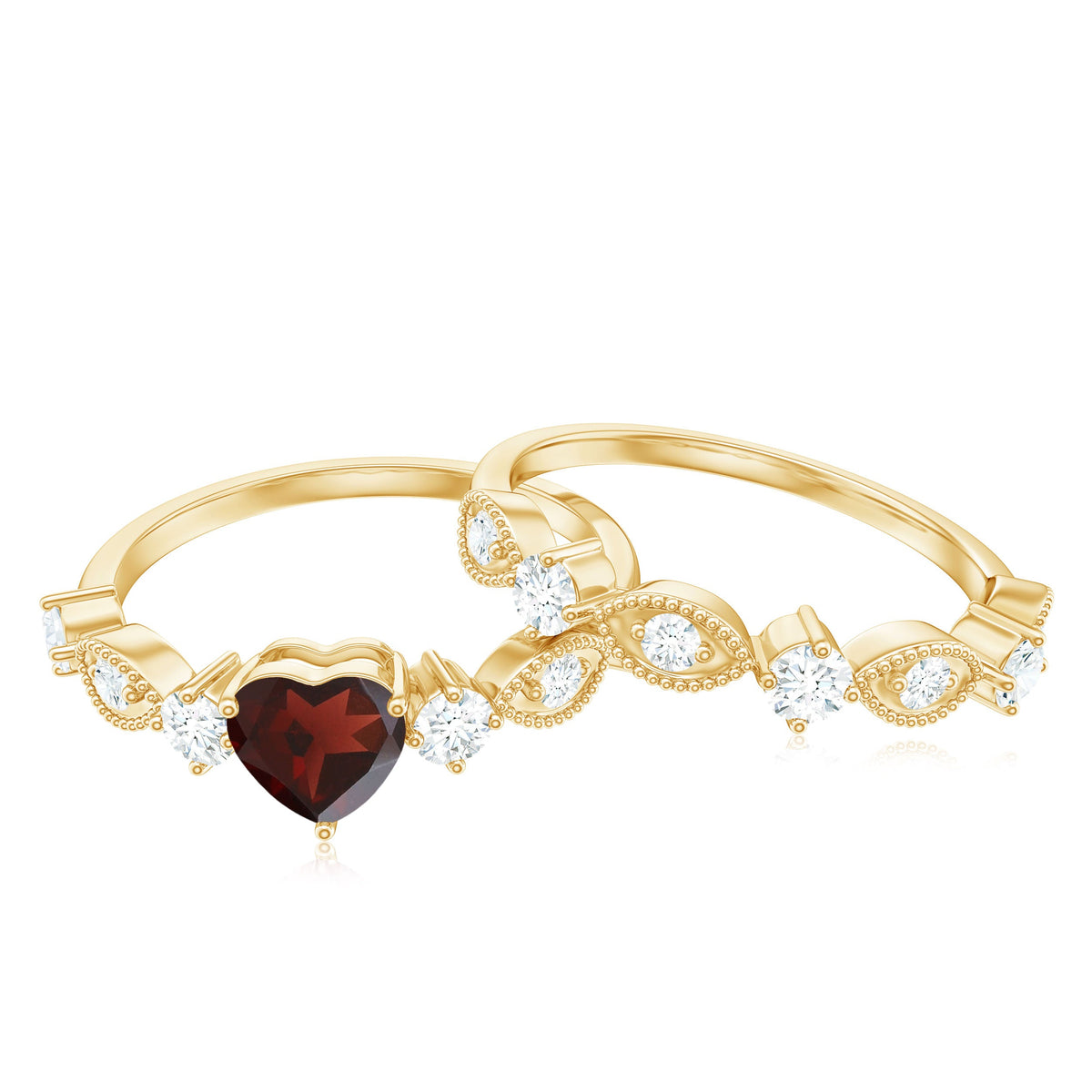 Natural Garnet Diamond Heart Engagement Ring with Wedding Band