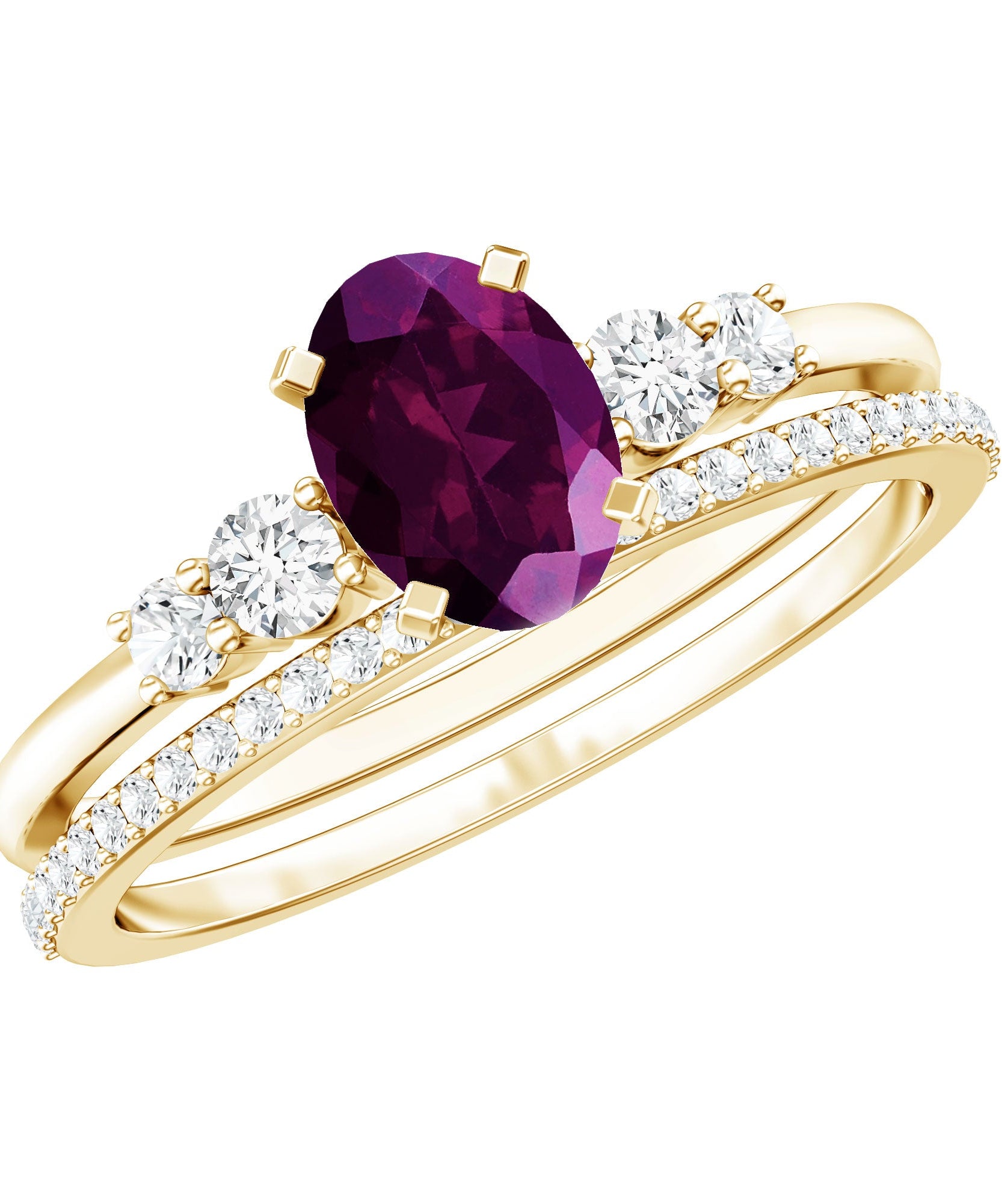 Genuine Rhodolite Oval Engagement Ring with Diamond Wedding Band