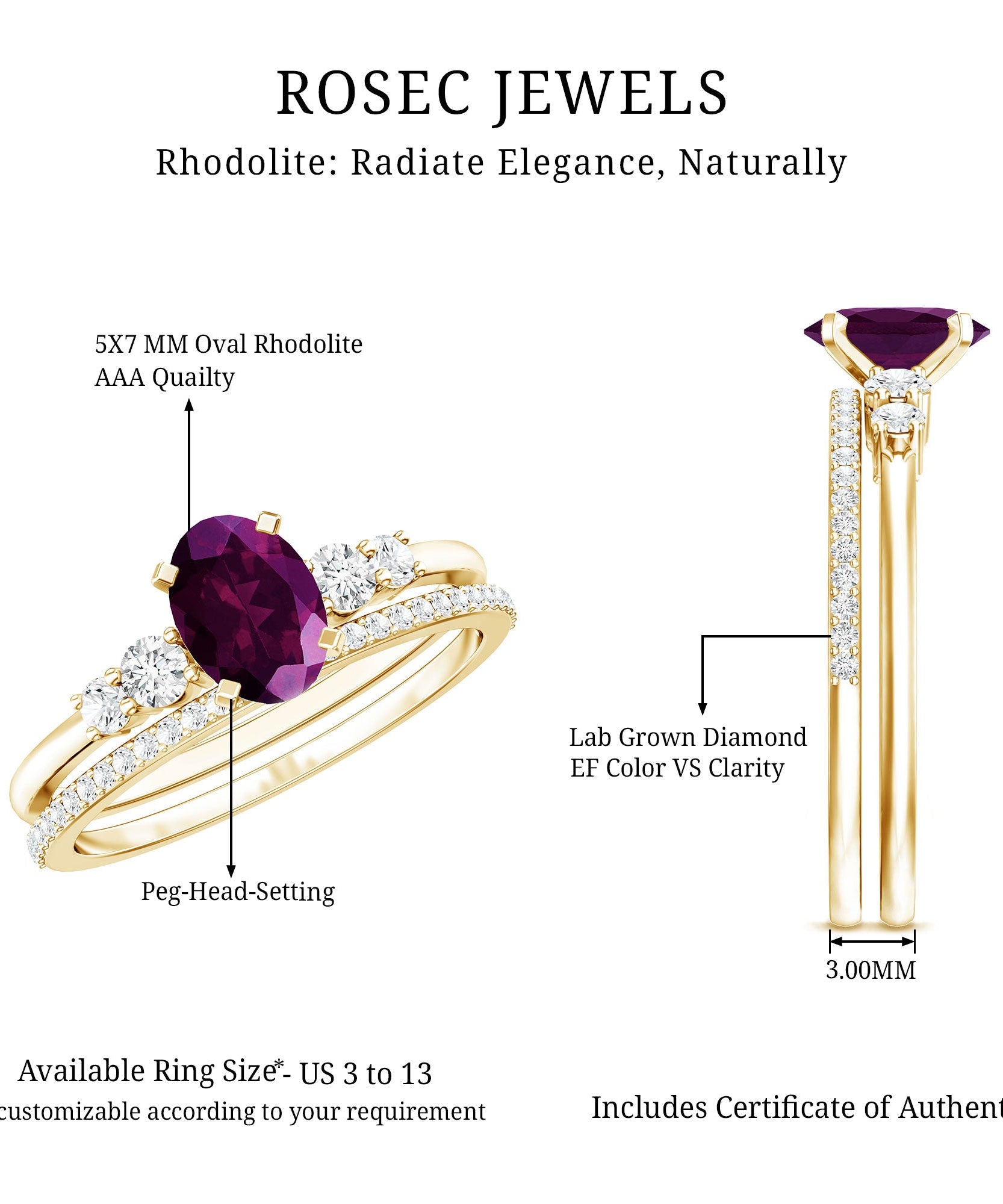 Genuine Rhodolite Oval Engagement Ring with Diamond Wedding Band