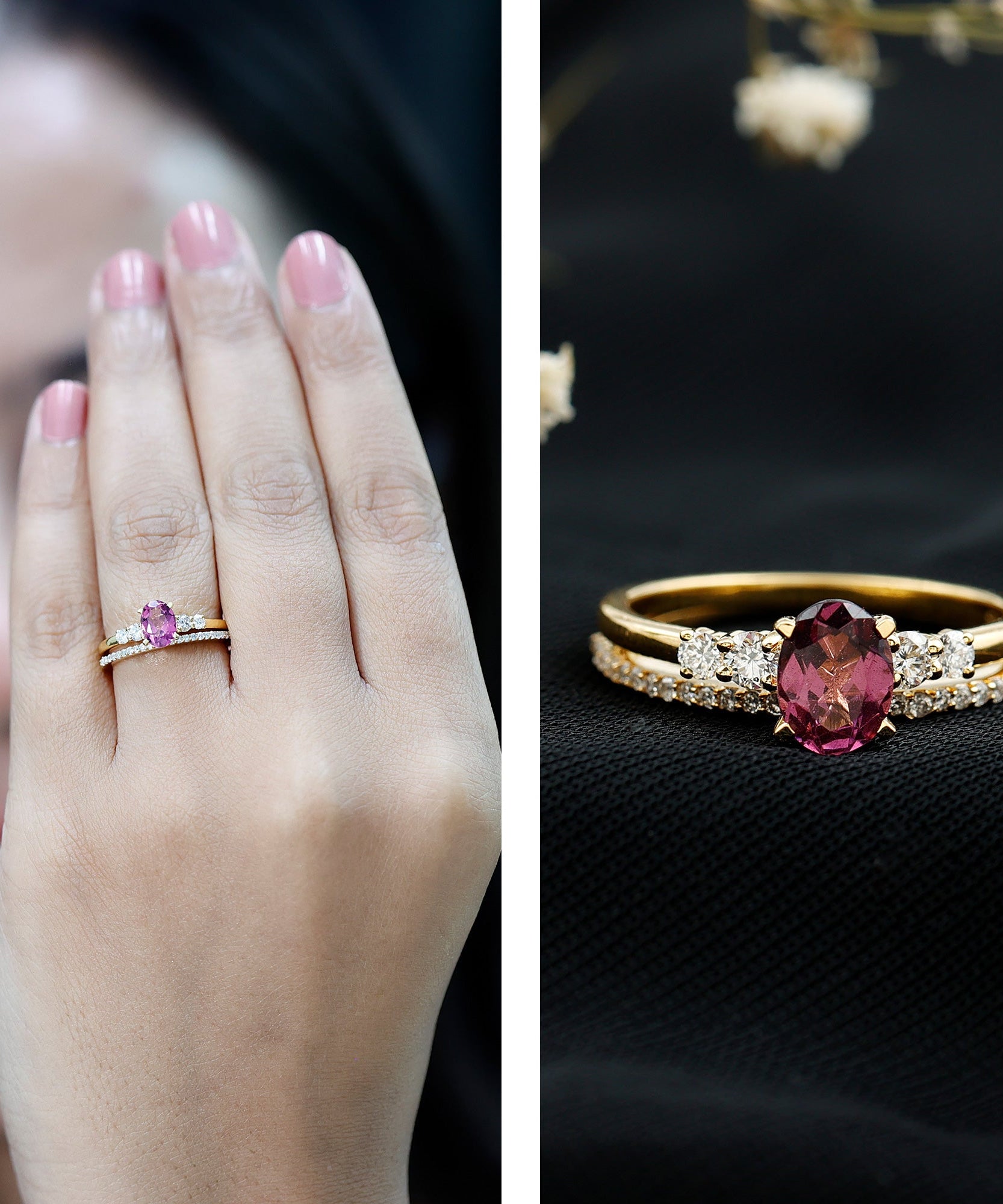 Genuine Rhodolite Oval Engagement Ring with Diamond Wedding Band