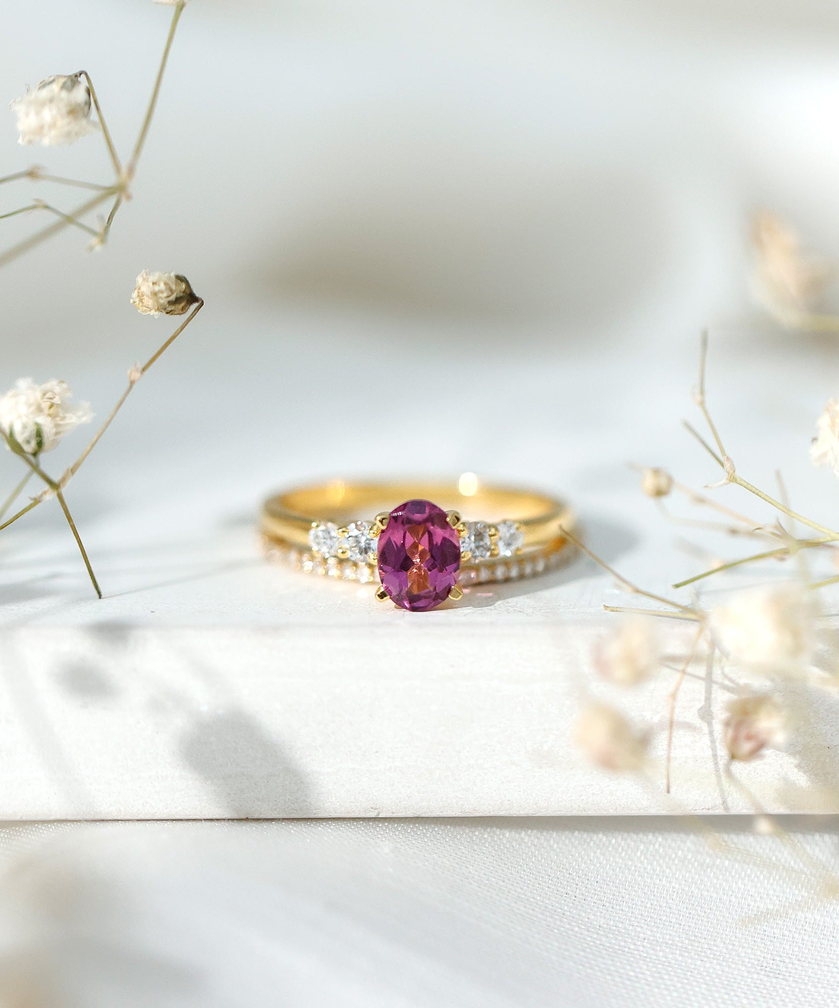 Genuine Rhodolite Oval Engagement Ring with Diamond Wedding Band