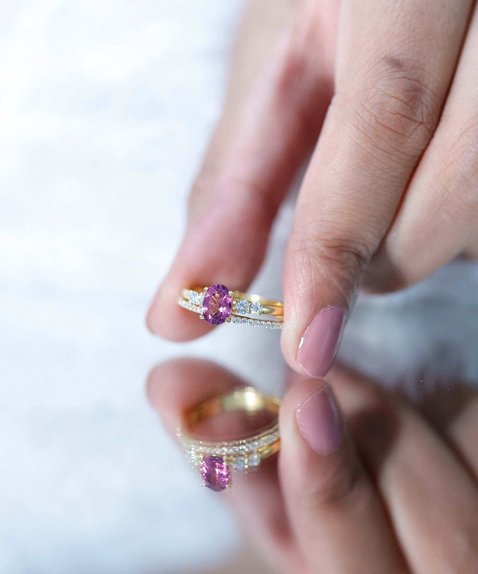 Genuine Rhodolite Oval Engagement Ring with Diamond Wedding Band