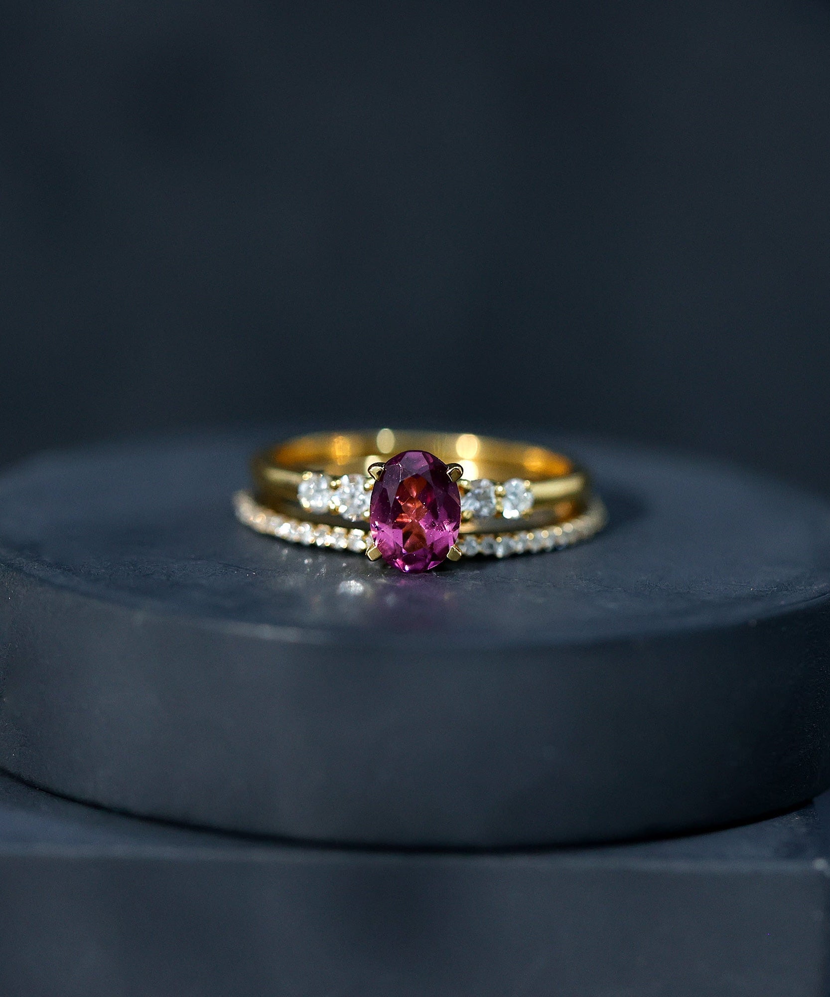 Genuine Rhodolite Oval Engagement Ring with Diamond Wedding Band