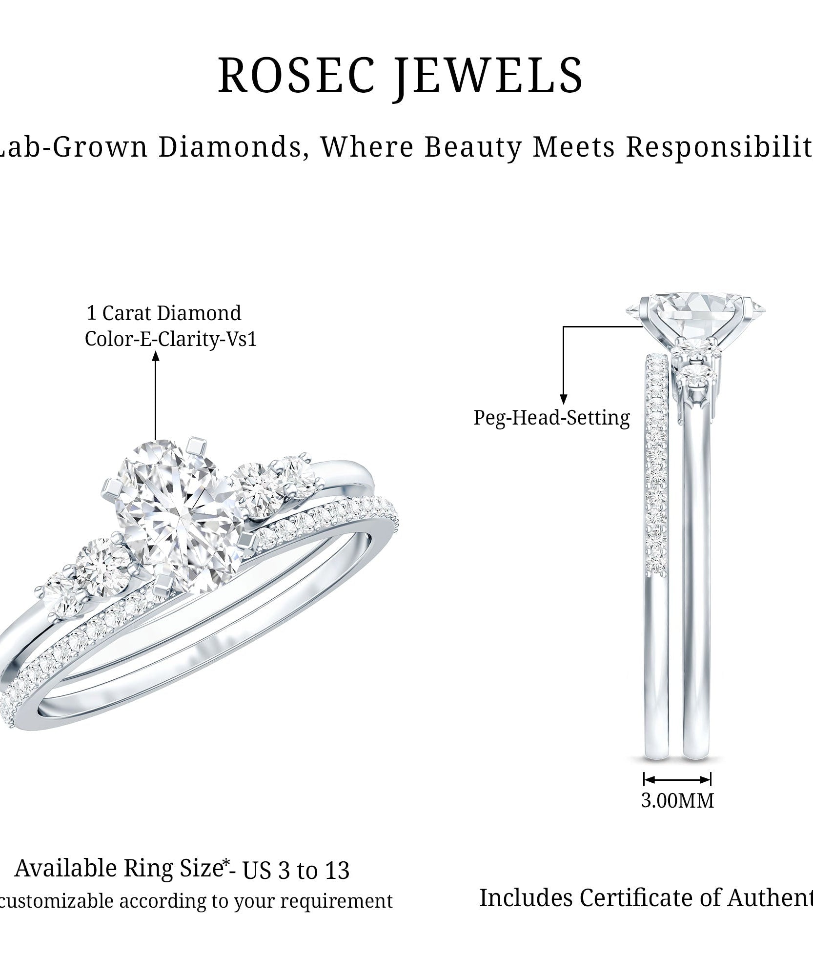IGI Certified 1 Carat Lab Grown Diamond Engagement Ring with Wedding Band