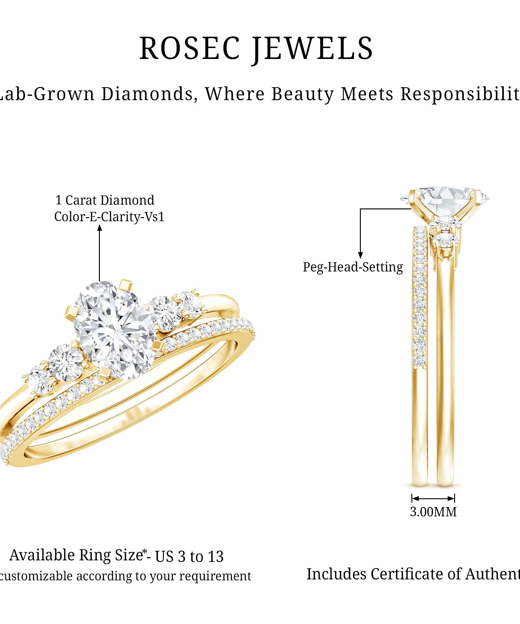 IGI Certified 1 Carat Lab Grown Diamond Engagement Ring with Wedding Band