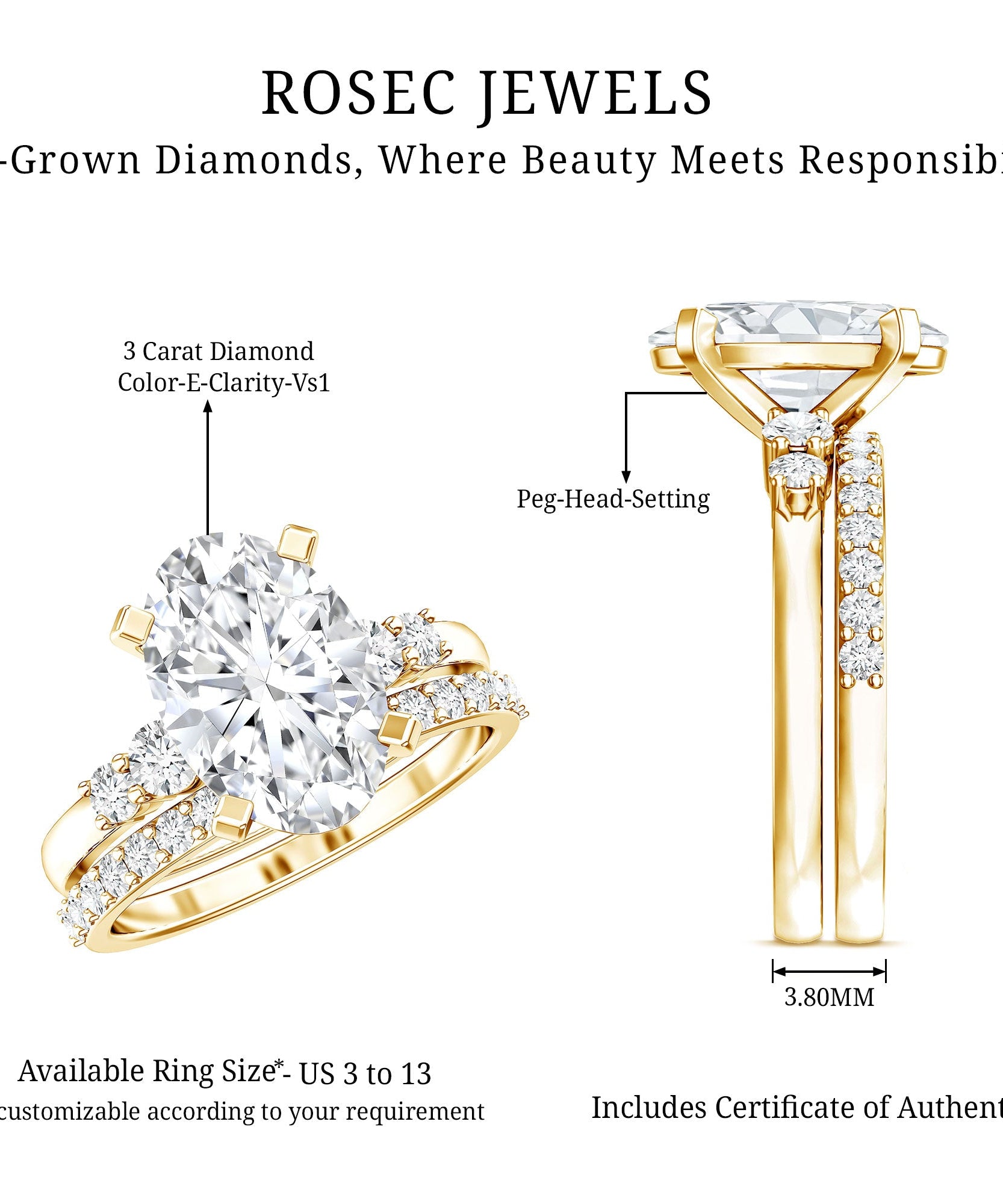 IGI Certified 3 Carat Oval Lab Grown Diamond Marriage Ring Set for Women
