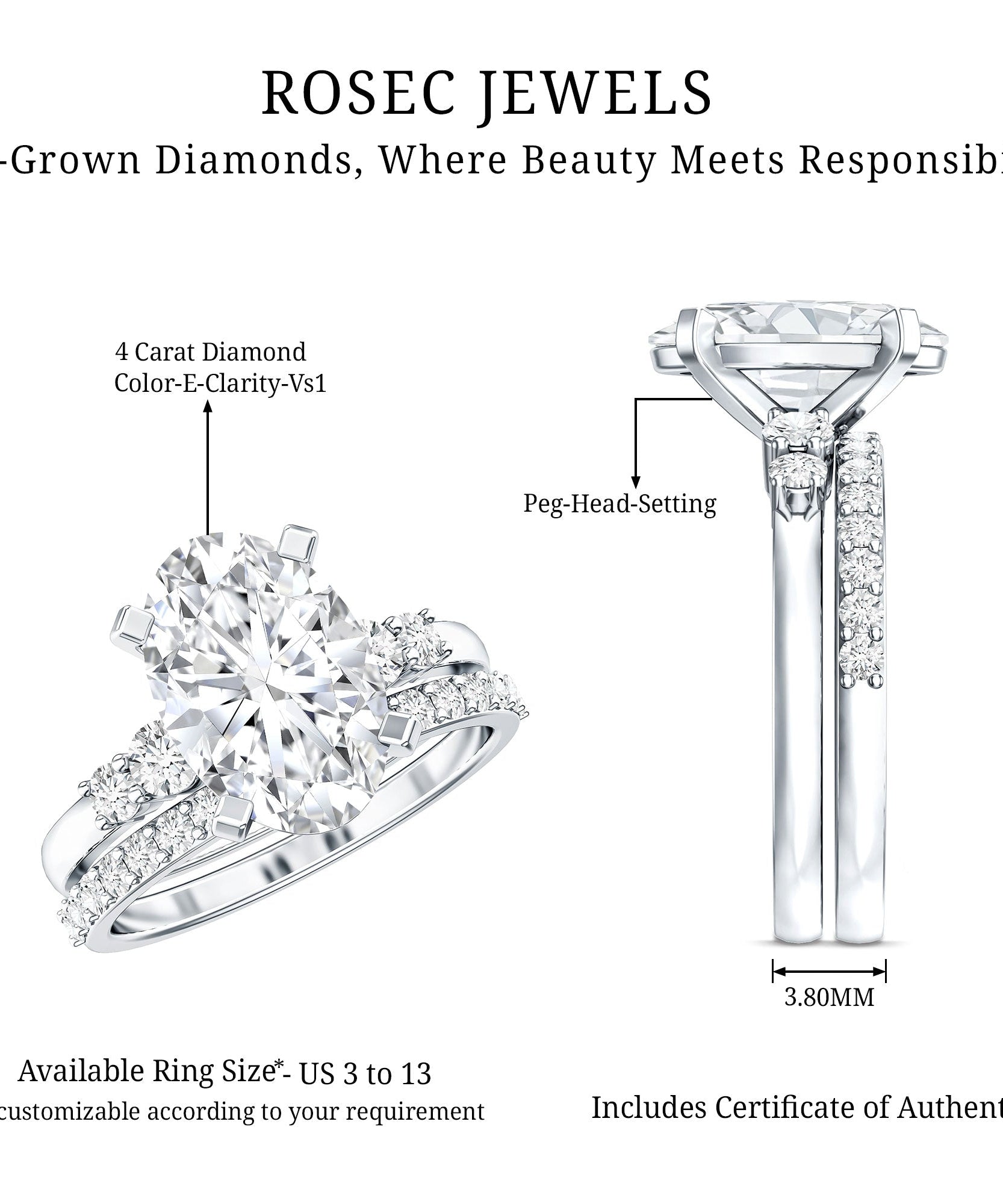 4 Carat Oval Wedding Ring Set with IGI Certified Lab Grown Diamond