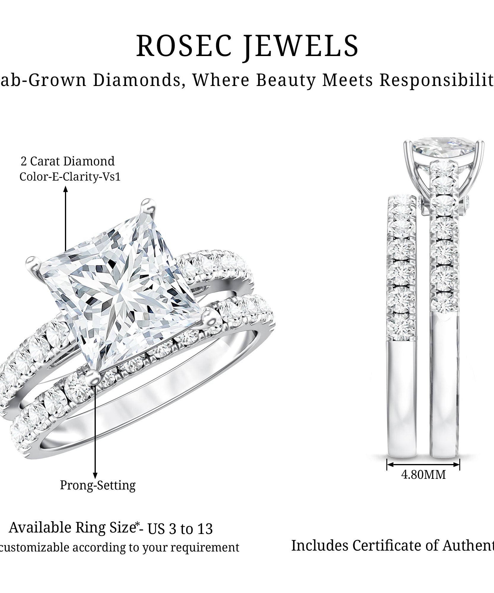 IGI Certified 2 Carat Lab Grown Diamond Princess Cut Bridal Ring Set