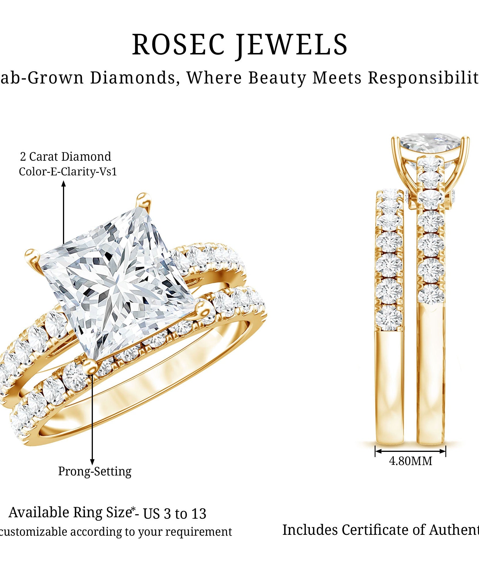 IGI Certified 2 Carat Lab Grown Diamond Princess Cut Bridal Ring Set