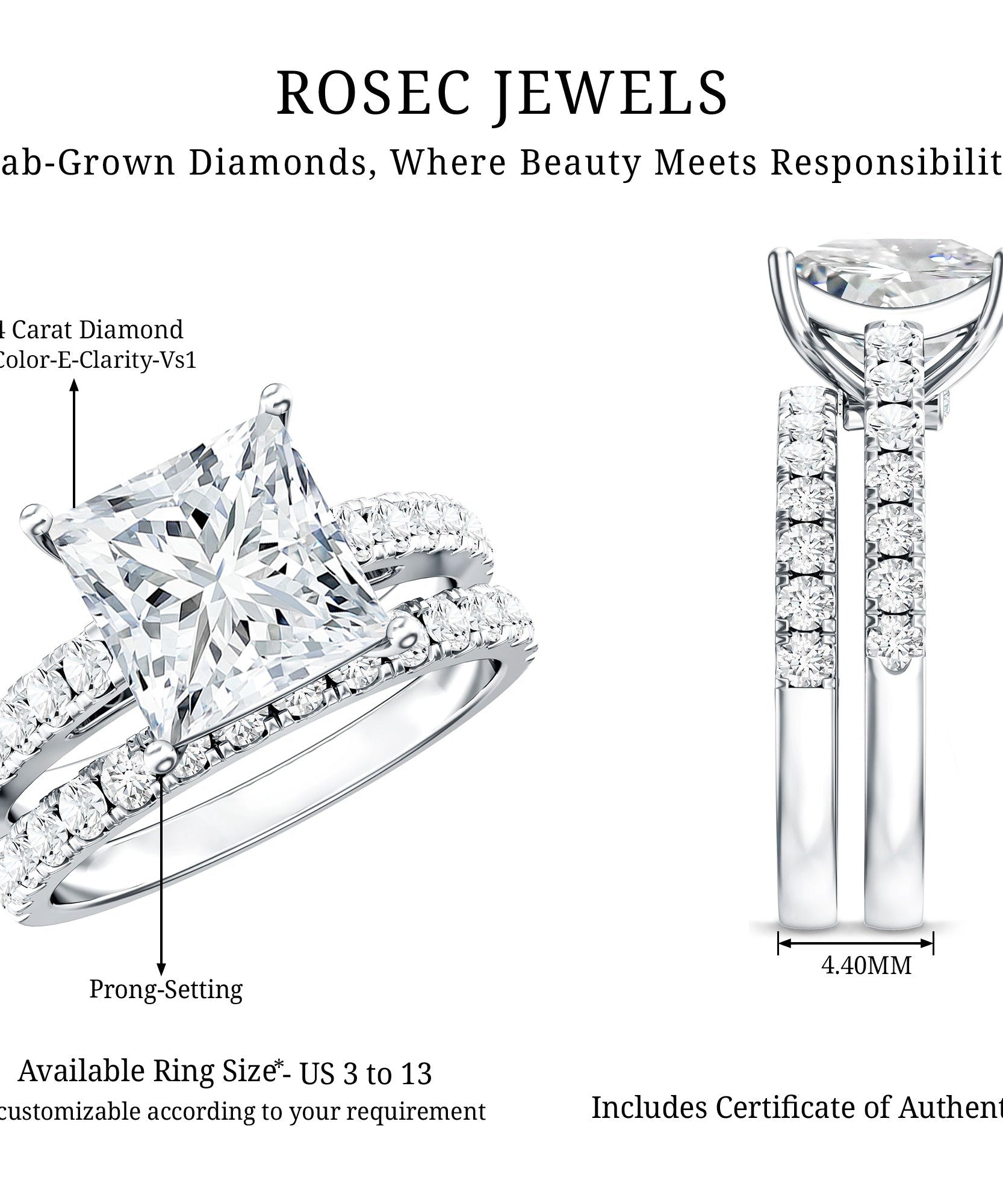 IGI Certified 4 Carat Princess Cut Lab Grown Diamond Engagement Ring With Wedding Band