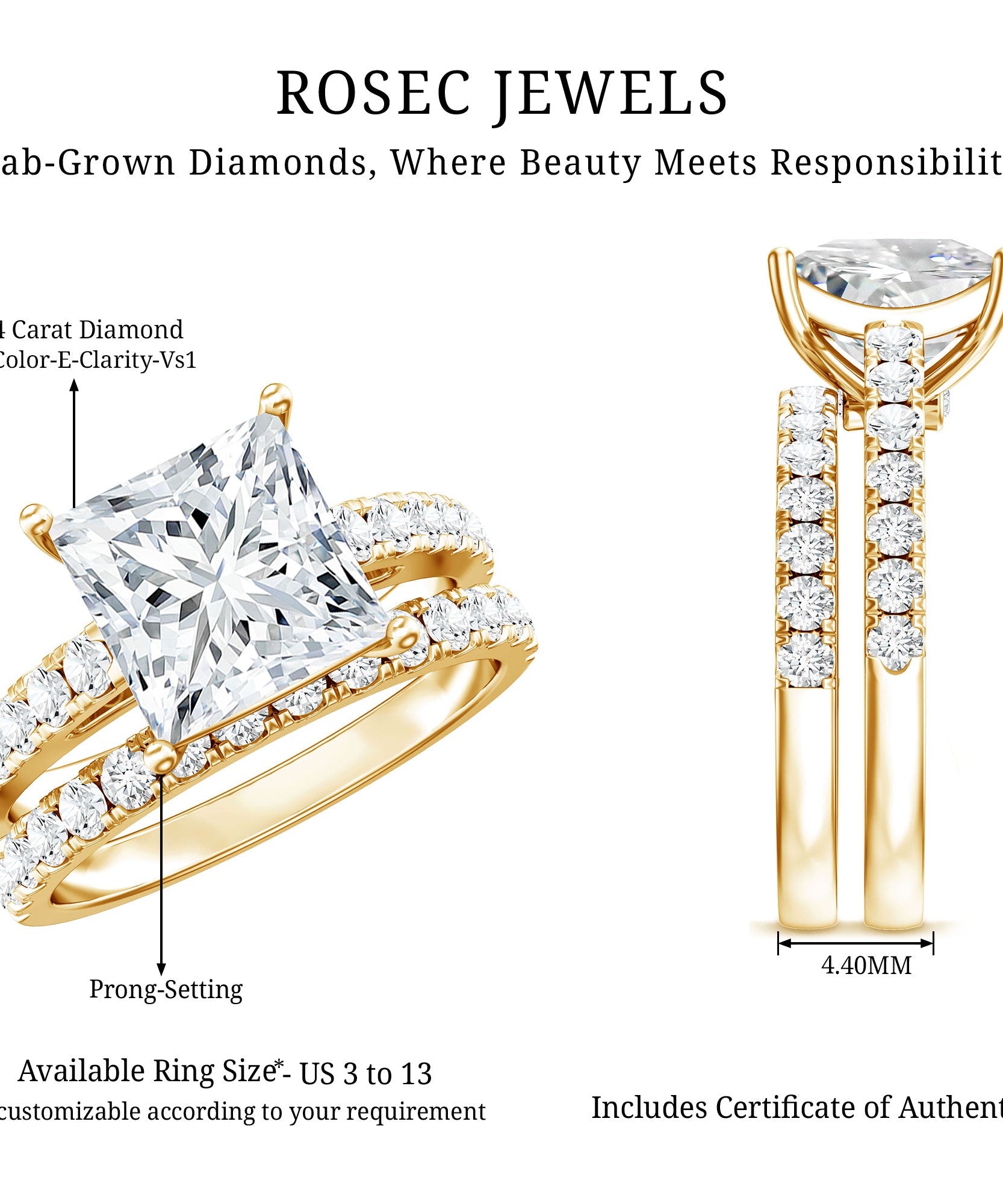 IGI Certified 4 Carat Princess Cut Lab Grown Diamond Engagement Ring With Wedding Band