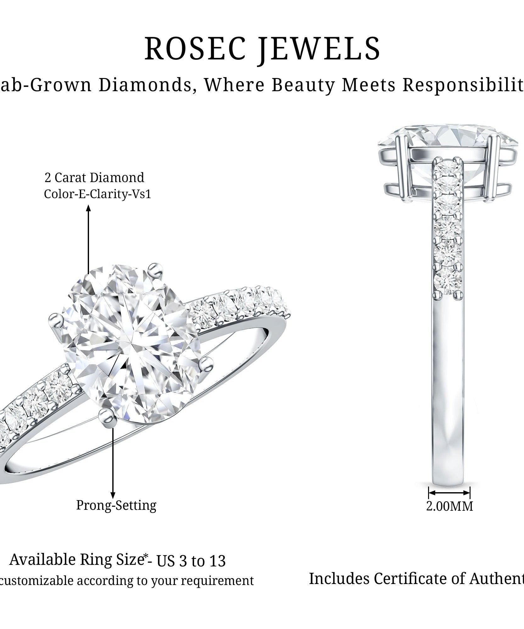 Lab Grown 2 Carat Diamond Oval Engagement Ring with IGI Certificate