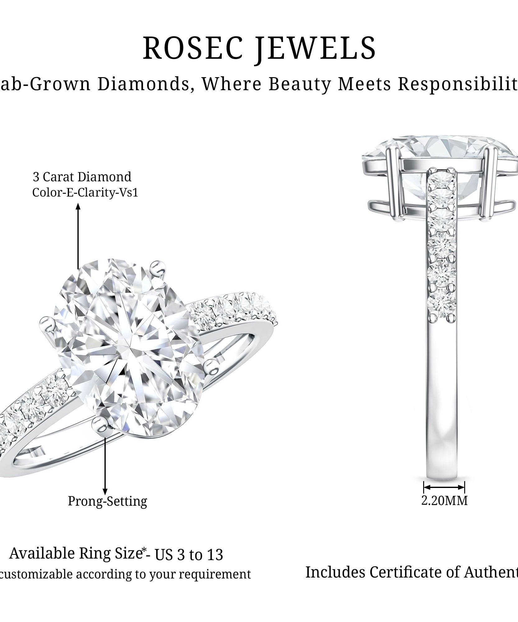IGI Certified 3 Carat Lab Grown Oval Diamond Engagement Ring for Women
