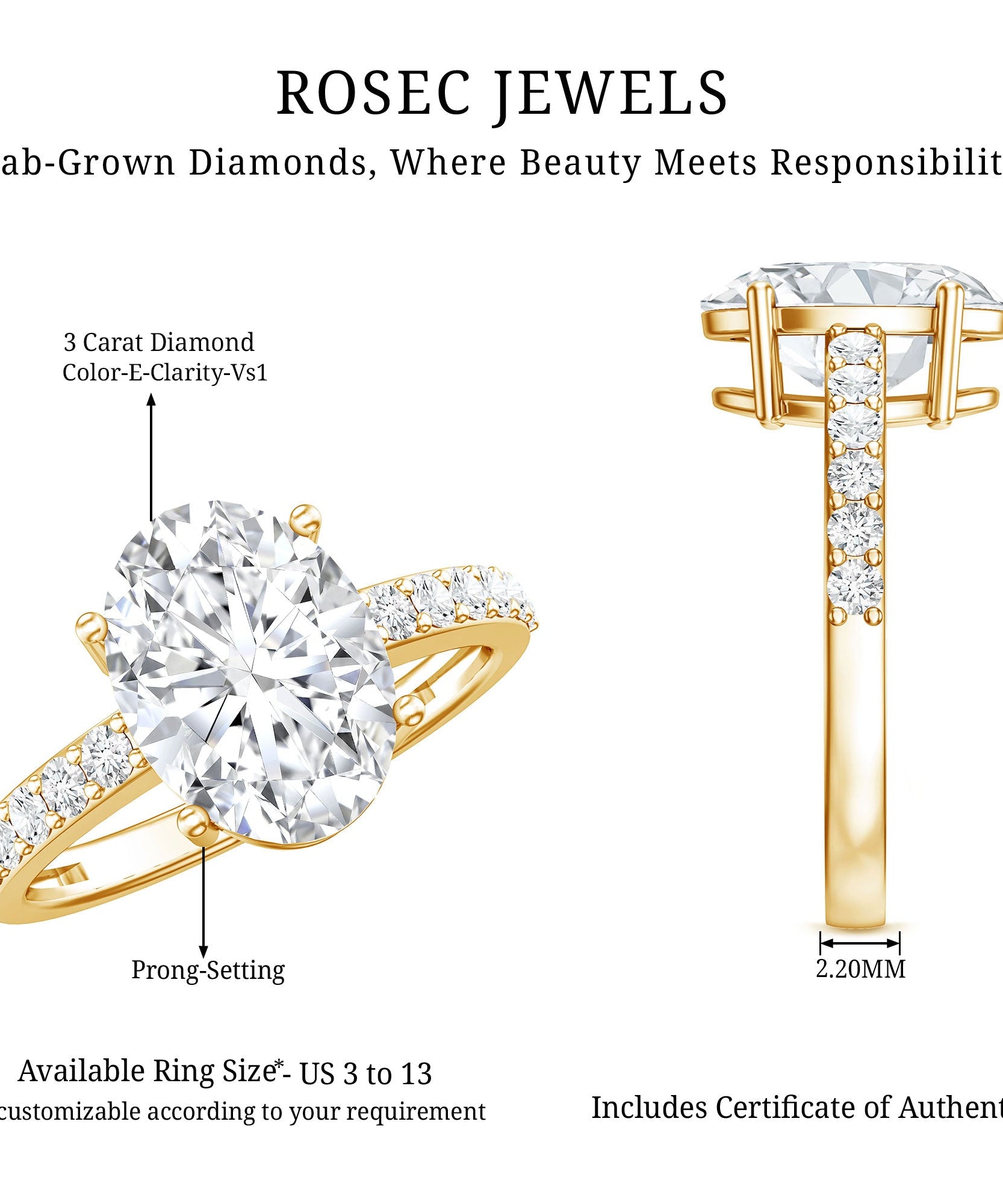 IGI Certified 3 Carat Lab Grown Oval Diamond Engagement Ring for Women