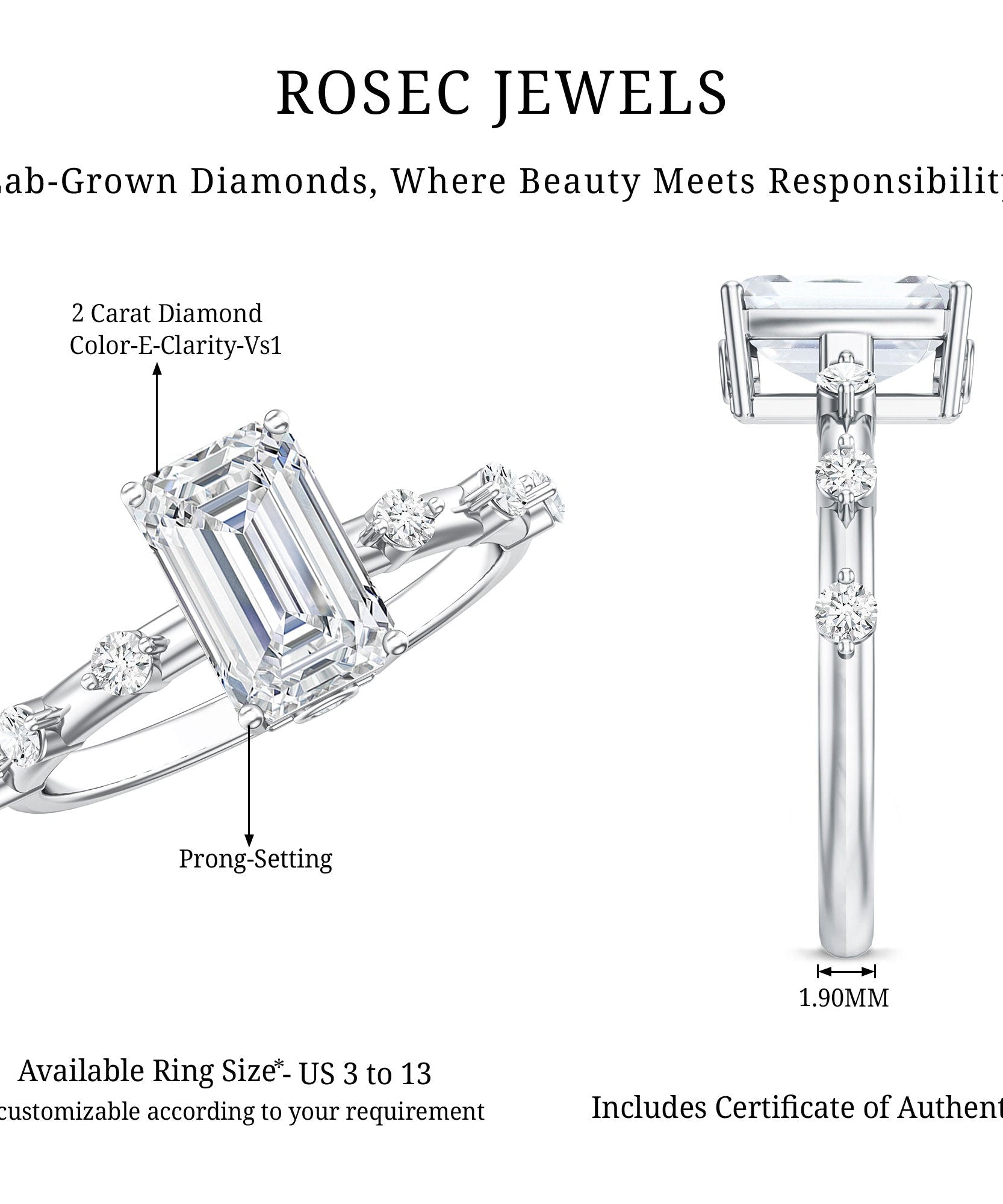 Emerald Cut 2 Carat Lab Grown Diamond Engagement Ring IGI Certified