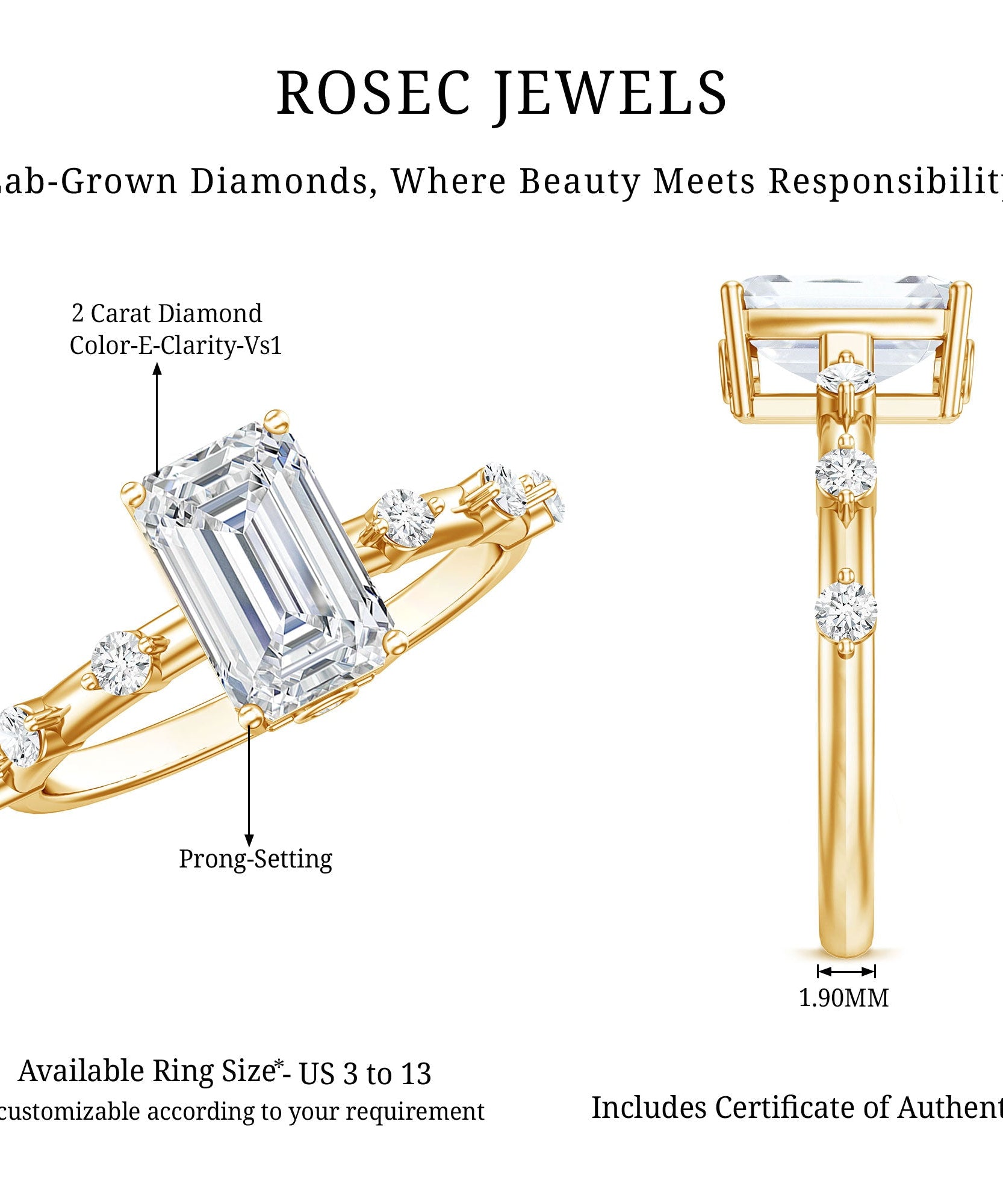 Emerald Cut 2 Carat Lab Grown Diamond Engagement Ring IGI Certified